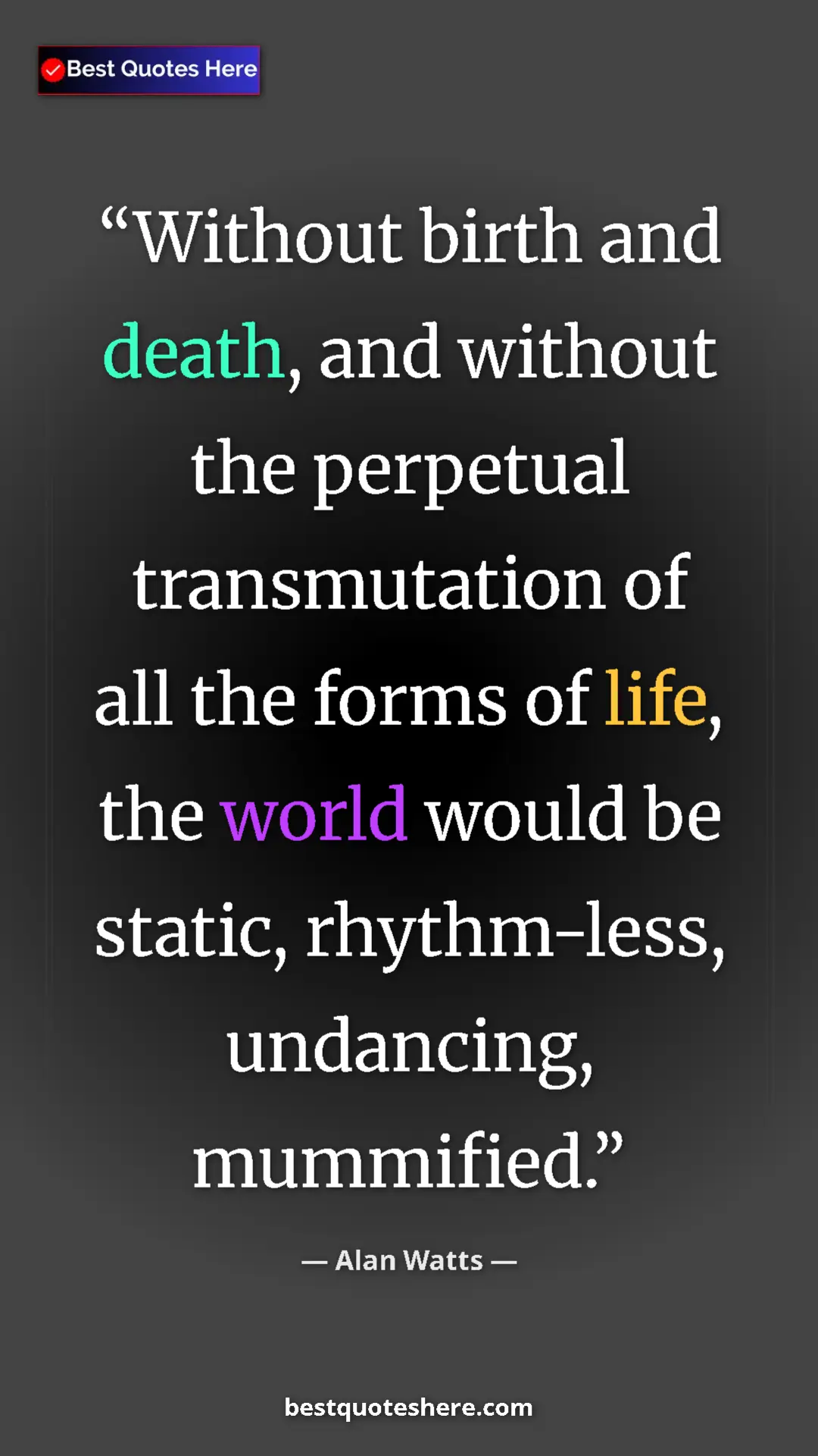 Pinterest quote poster by Alan Watts: "Without birth and death, and without the perpetual..."