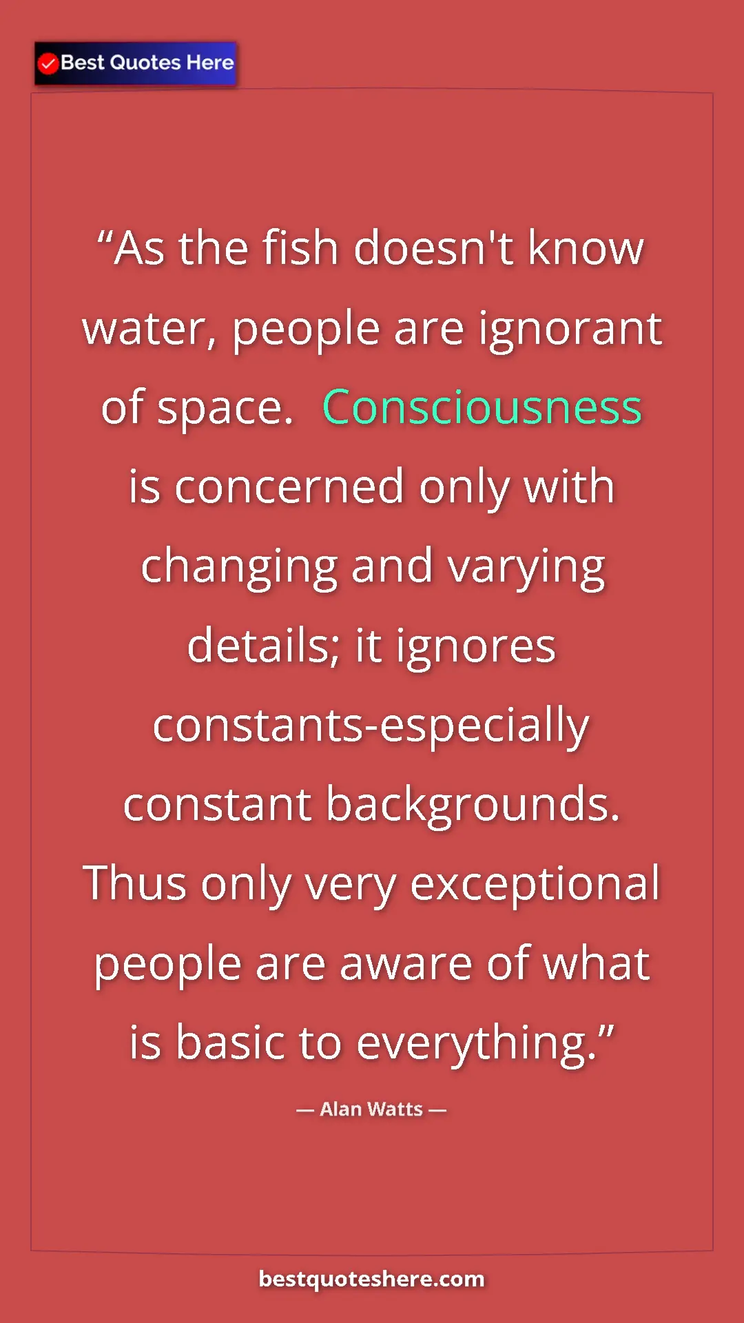 Pinterest quote poster by Alan Watts: "As the fish doesn't know water, people are ignorant of..."