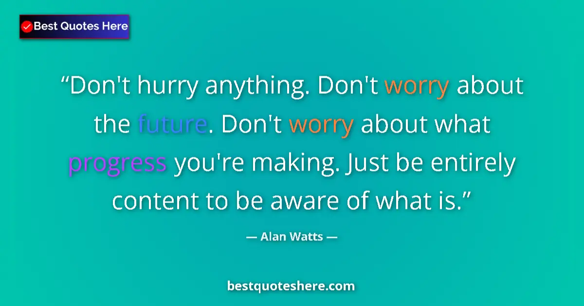 Quote by Alan Watts: Don't hurry anything. Don't worry about the future. Don't worry about what progress you're making. J...