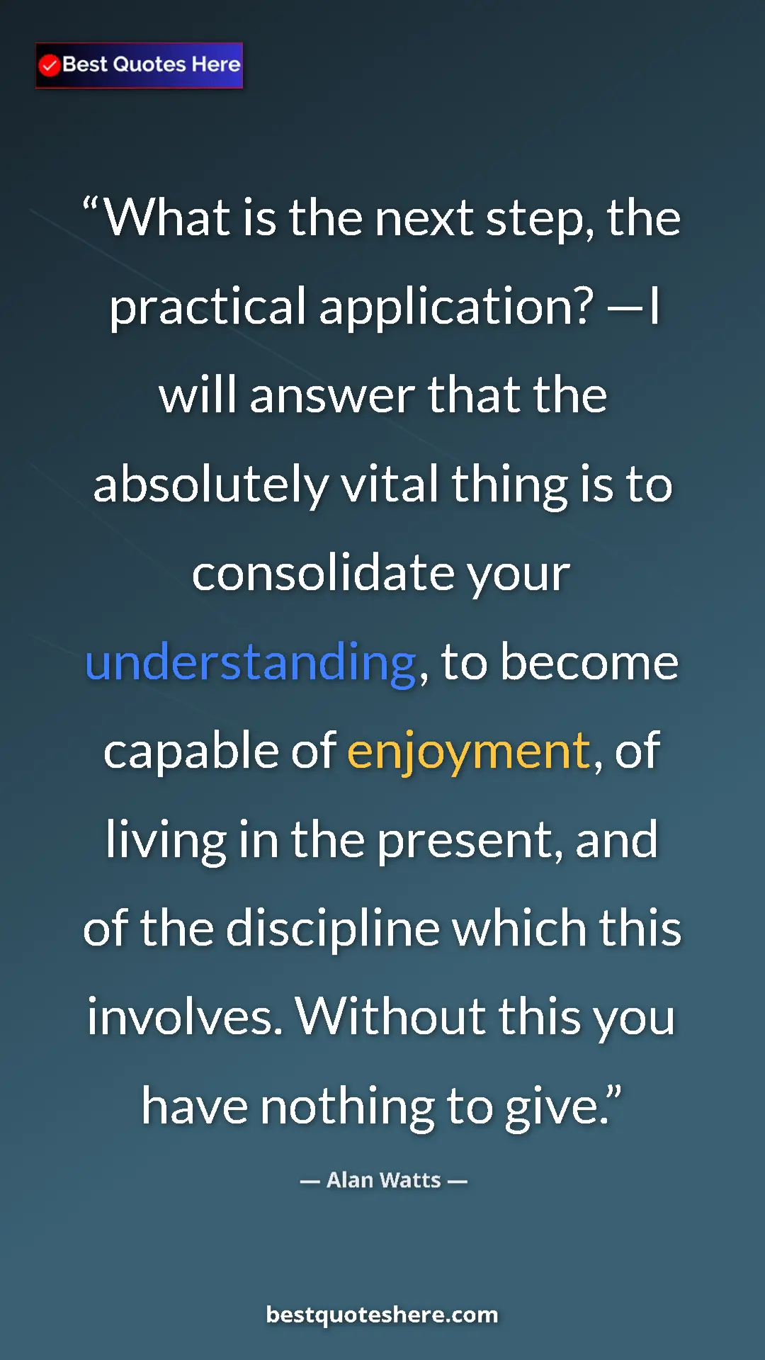 Pinterest quote poster by Alan Watts: "What is the next step, the practical application? —I will..."
