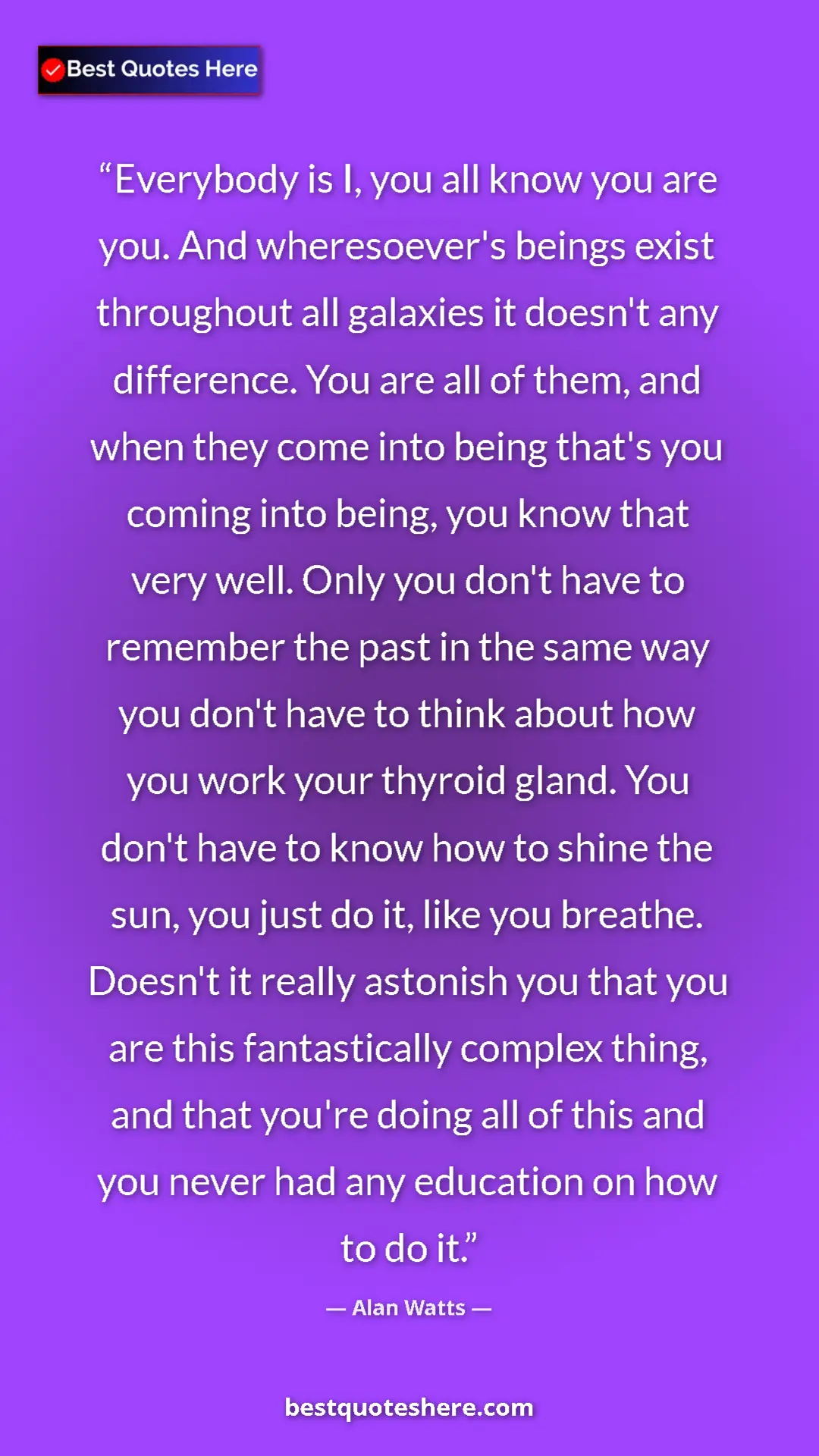 Pinterest quote poster by Alan Watts: "Everybody is I, you all know you are you. And wheresoever's..."