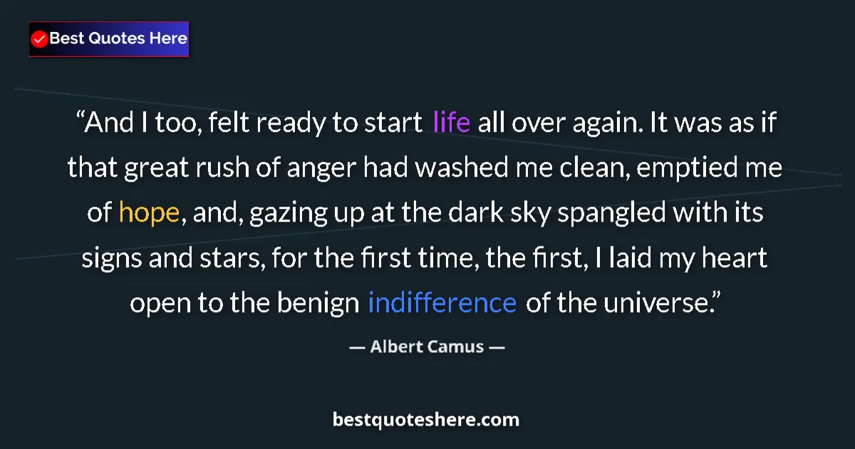 Quote by Albert Camus: And I too, felt ready to start life all over again. It was as if that great rush of anger had washed...