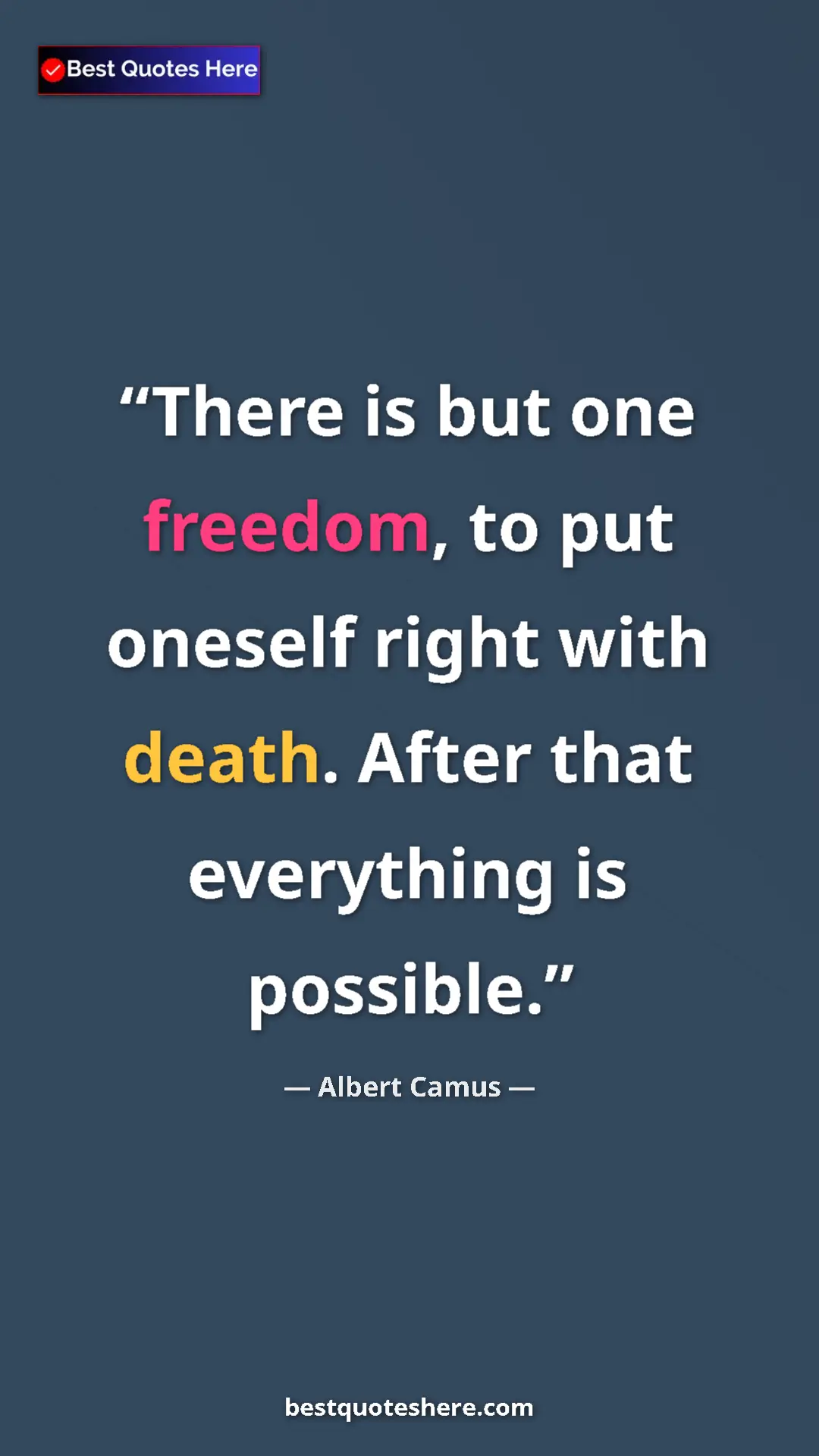Pinterest quote poster by Albert Camus: "There is but one freedom, to put oneself right with death...."