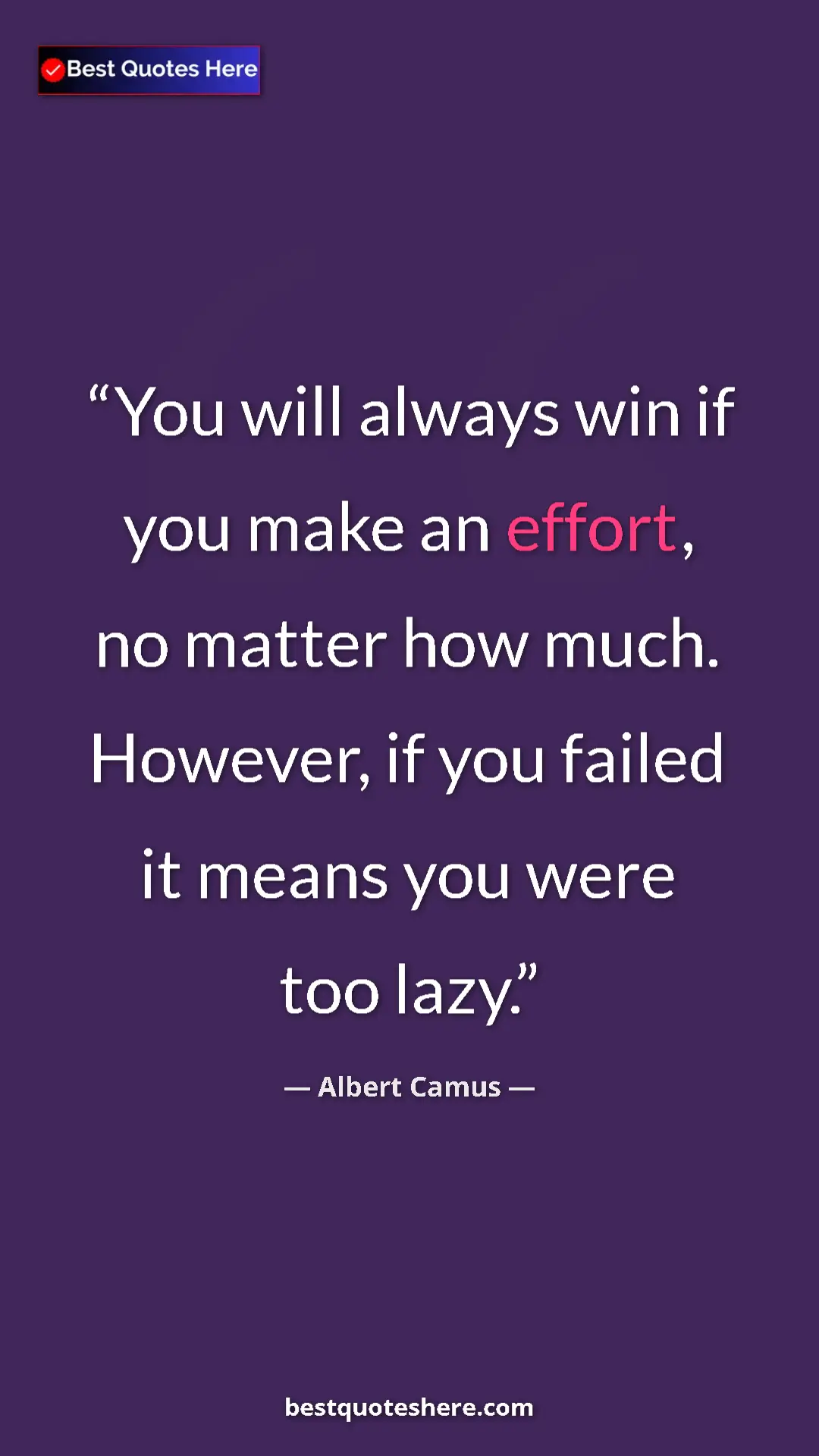 Pinterest quote poster by Albert Camus: "You will always win if you make an effort, no matter how..."