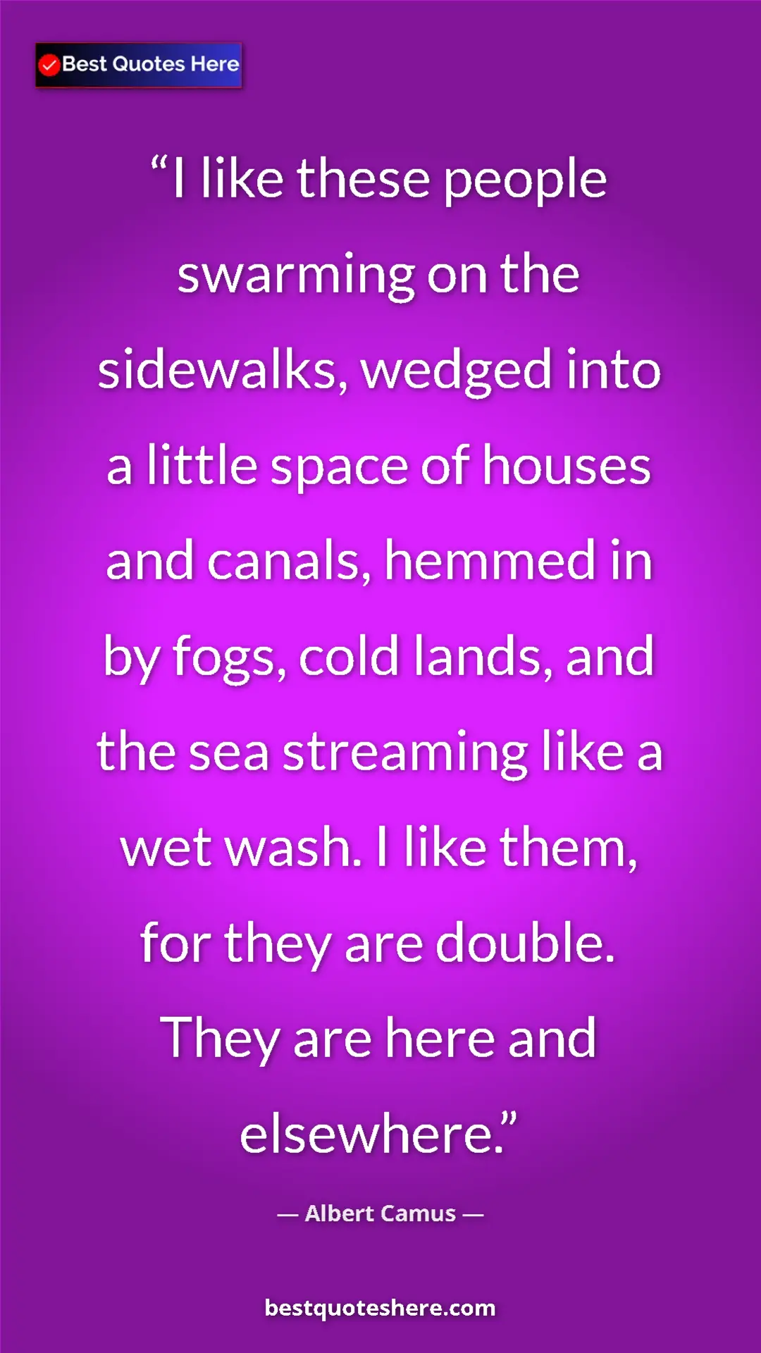 Pinterest quote poster by Albert Camus: "I like these people swarming on the sidewalks, wedged into..."