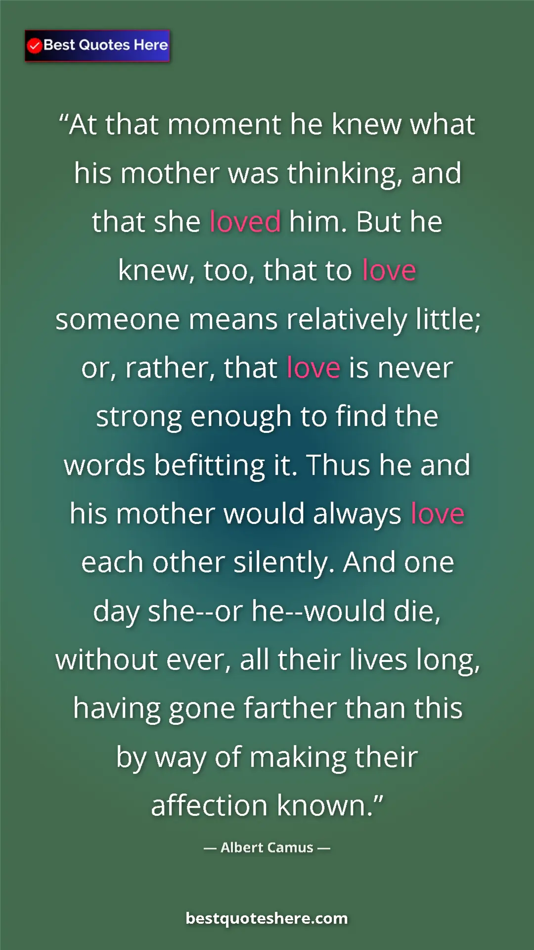 Pinterest quote poster by Albert Camus: "At that moment he knew what his mother was thinking, and..."
