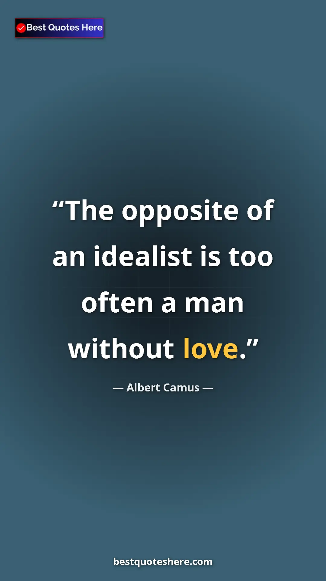 Pinterest quote poster by Albert Camus: "The opposite of an idealist is too often a man without love."