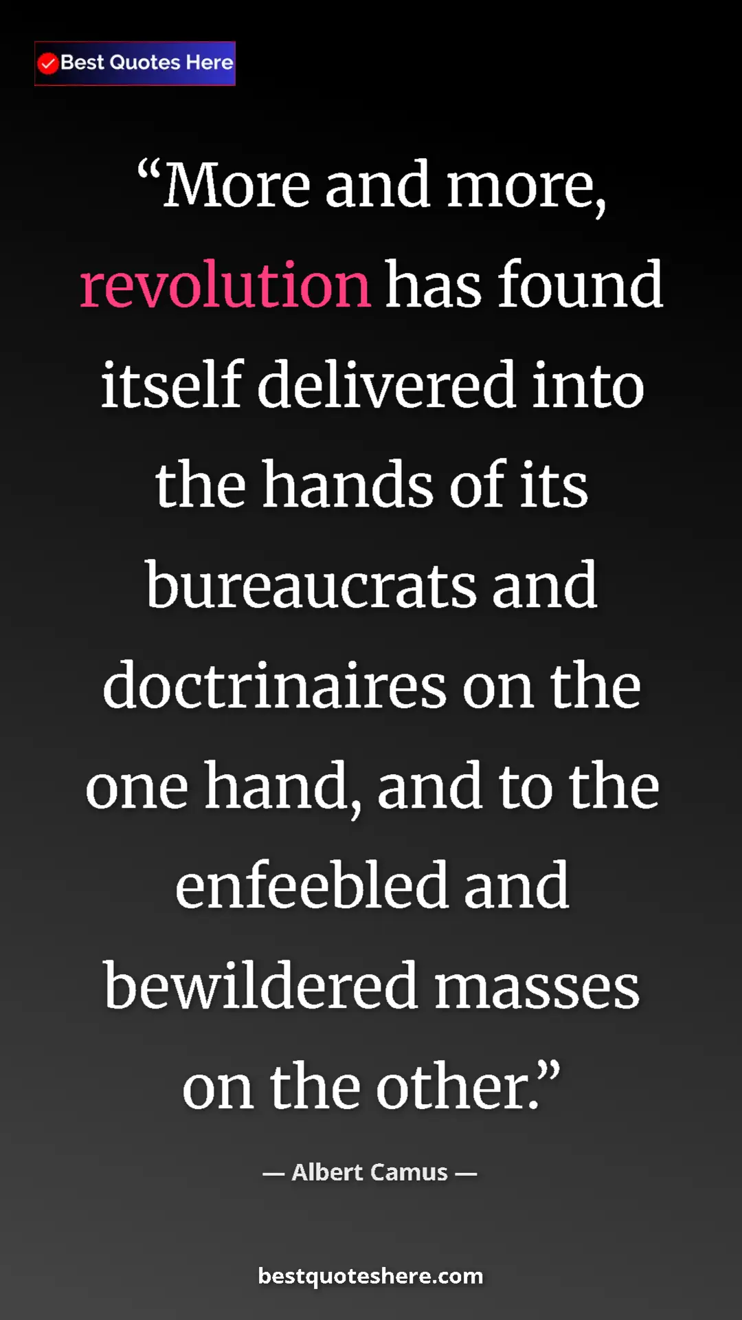 Pinterest quote poster by Albert Camus: "More and more, revolution has found itself delivered into..."
