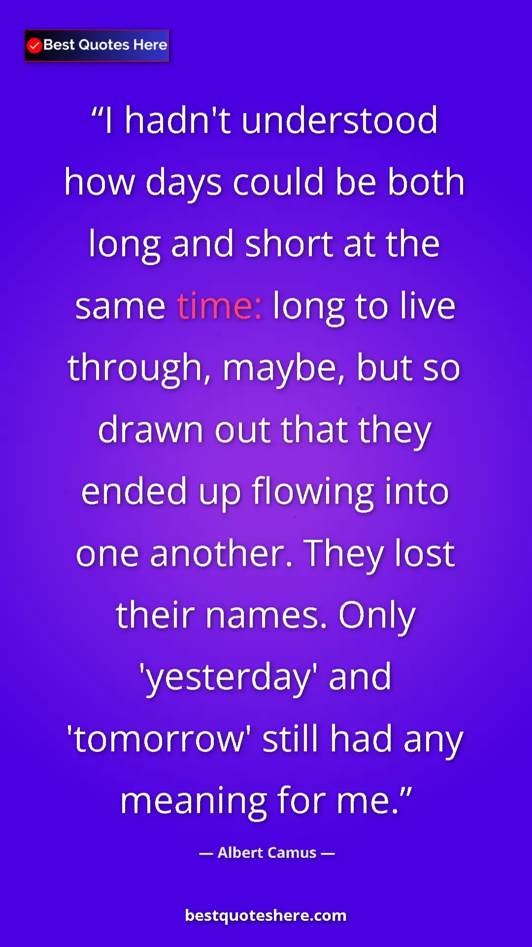 Pinterest quote poster by Albert Camus: "I hadn't understood how days could be both long and short..."