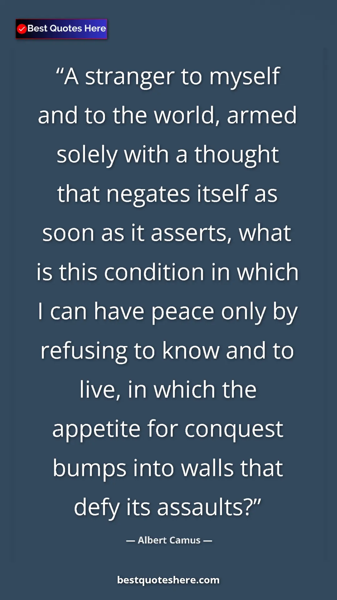 Pinterest quote poster by Albert Camus: "A stranger to myself and to the world, armed solely with a..."