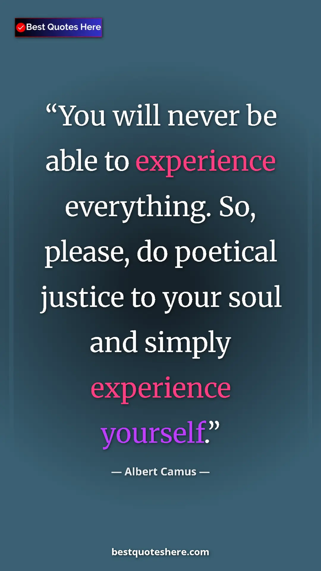 Pinterest quote poster by Albert Camus: "You will never be able to experience everything. So,..."