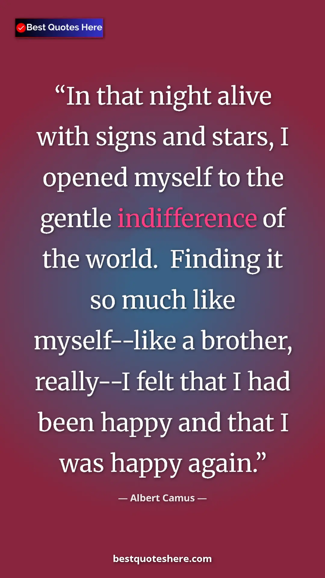 Pinterest quote poster by Albert Camus: "In that night alive with signs and stars, I opened myself..."
