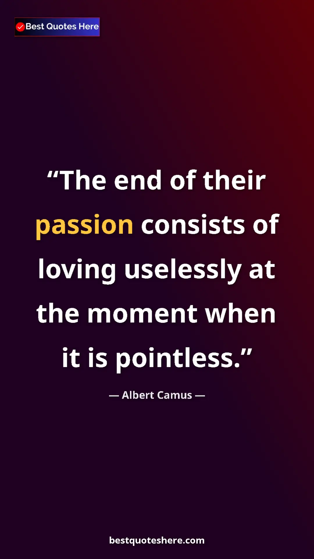 Pinterest quote poster by Albert Camus: "The end of their passion consists of loving uselessly at..."