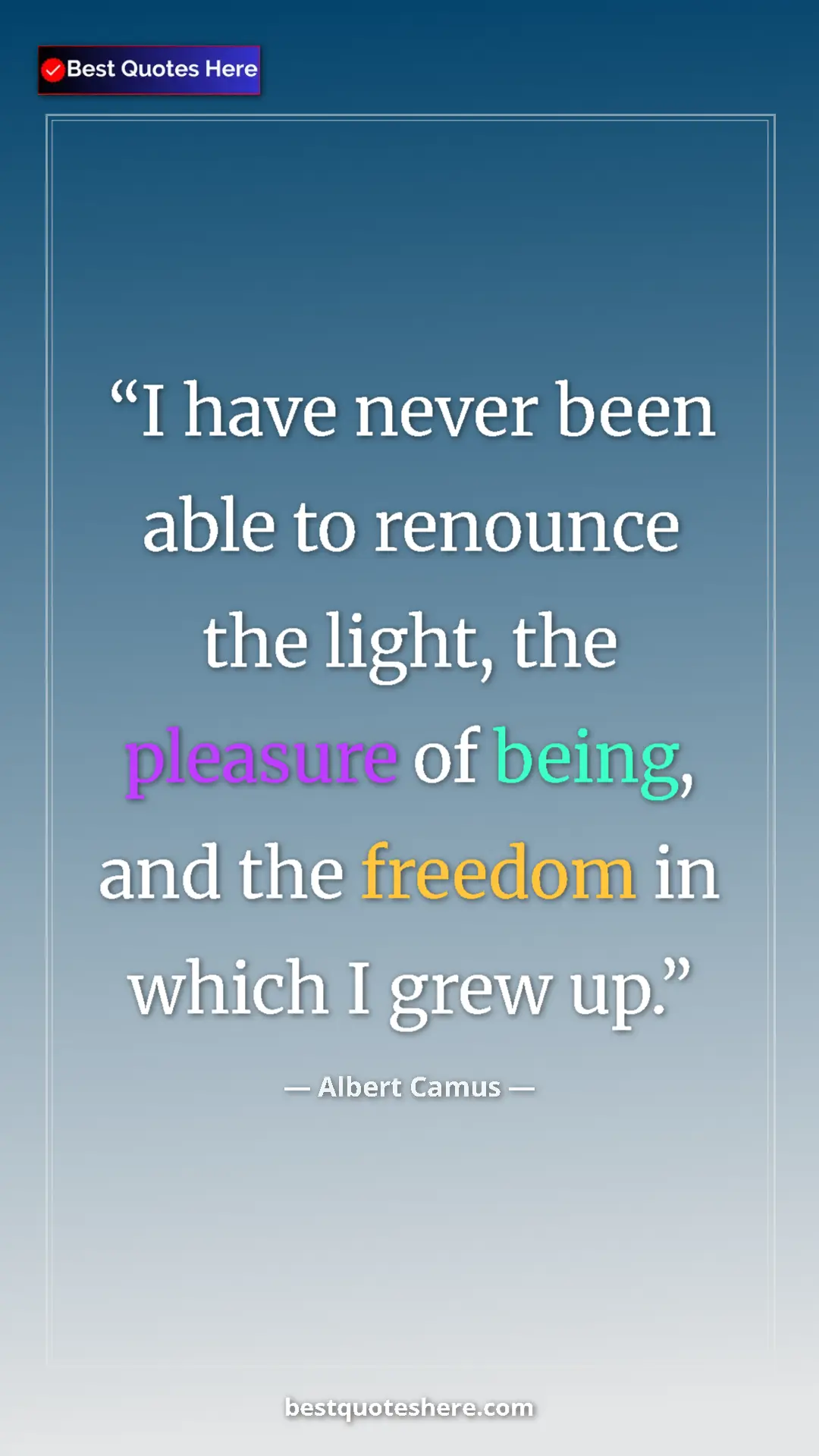 Pinterest quote poster by Albert Camus: "I have never been able to renounce the light, the pleasure..."