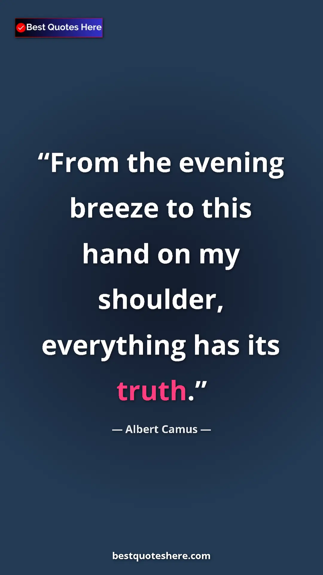 Pinterest quote poster by Albert Camus: "From the evening breeze to this hand on my shoulder,..."