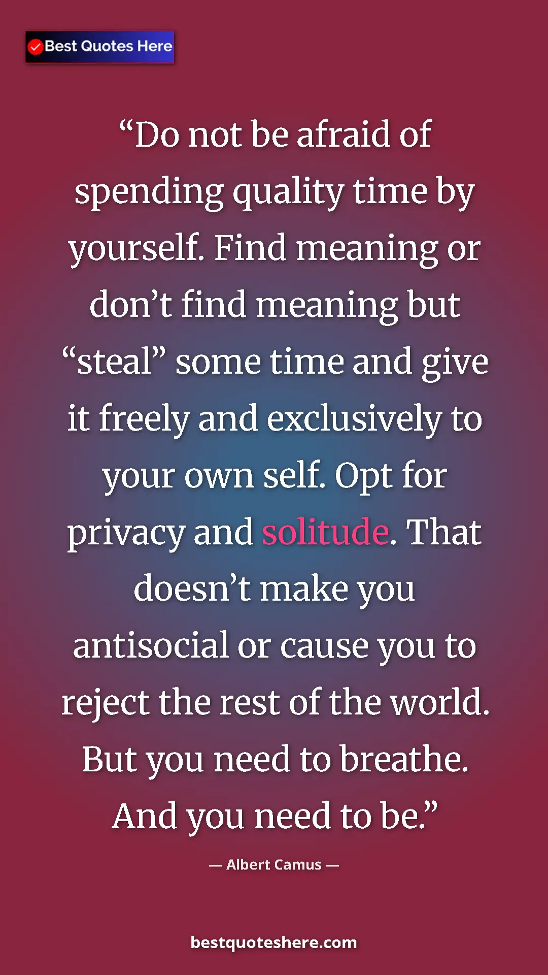 Albert Camus Quote Card: "Do not be afraid of spending quality time by yourself. Find..." Pinterest quote poster by Albert Camus: "Do not be afraid of spending quality time by yourself. Find..."