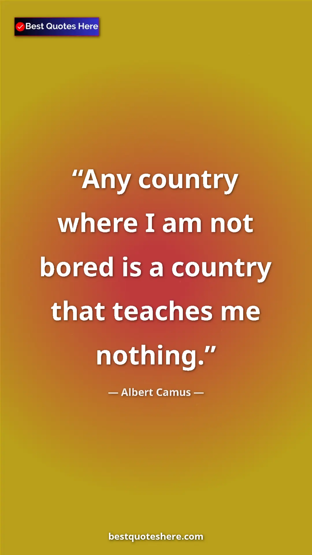 Pinterest quote poster by Albert Camus: "Any country where I am not bored is a country that teaches..."