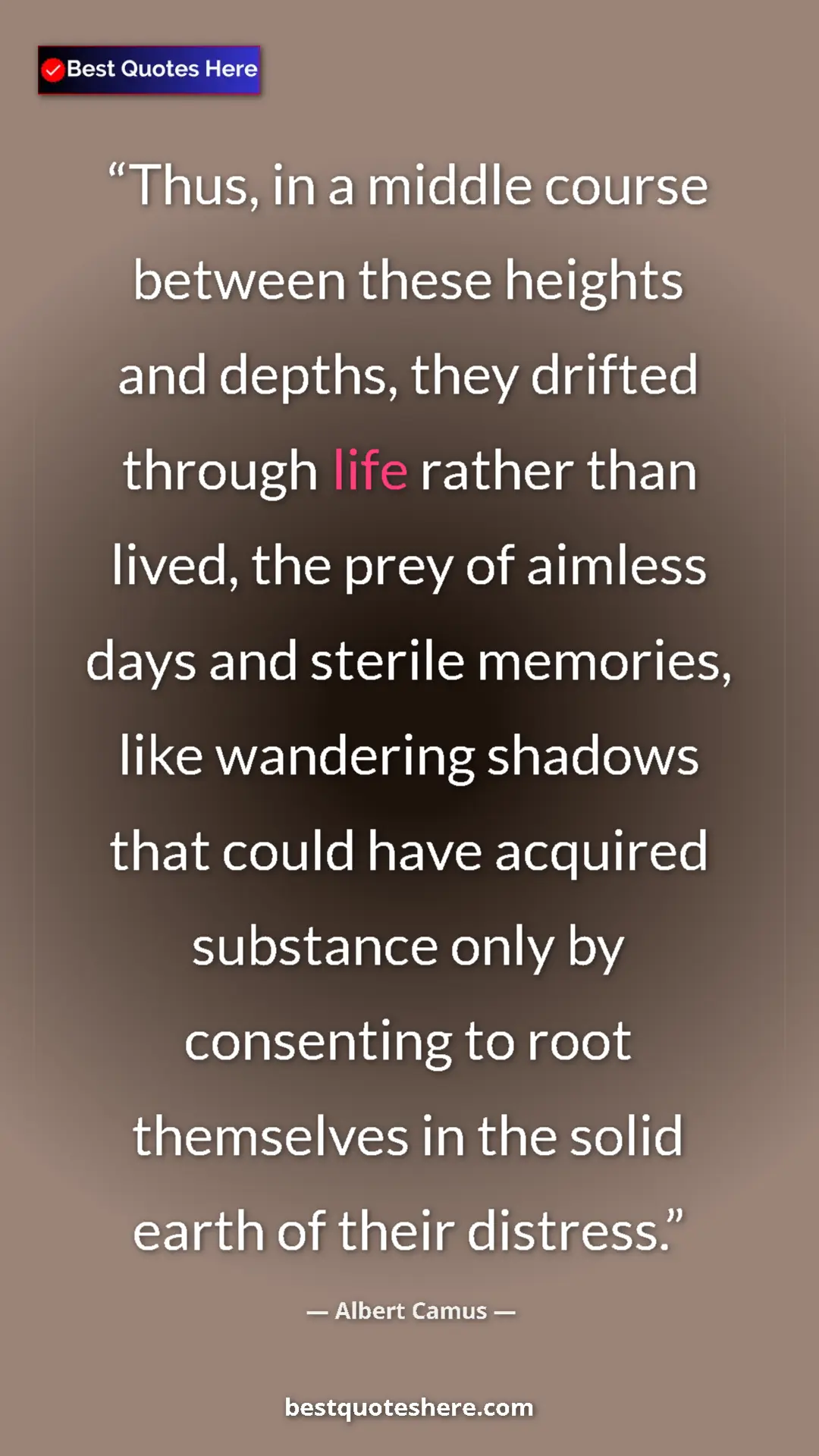 Pinterest quote poster by Albert Camus: "Thus, in a middle course between these heights and depths,..."