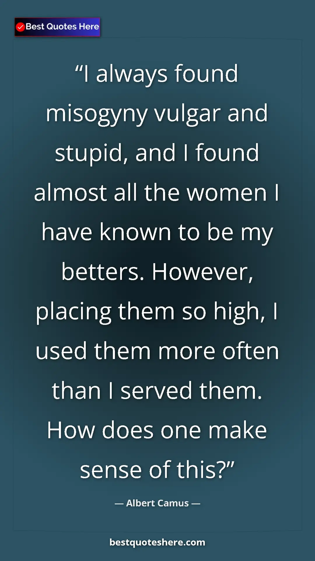 Pinterest quote poster by Albert Camus: "I always found misogyny vulgar and stupid, and I found..."