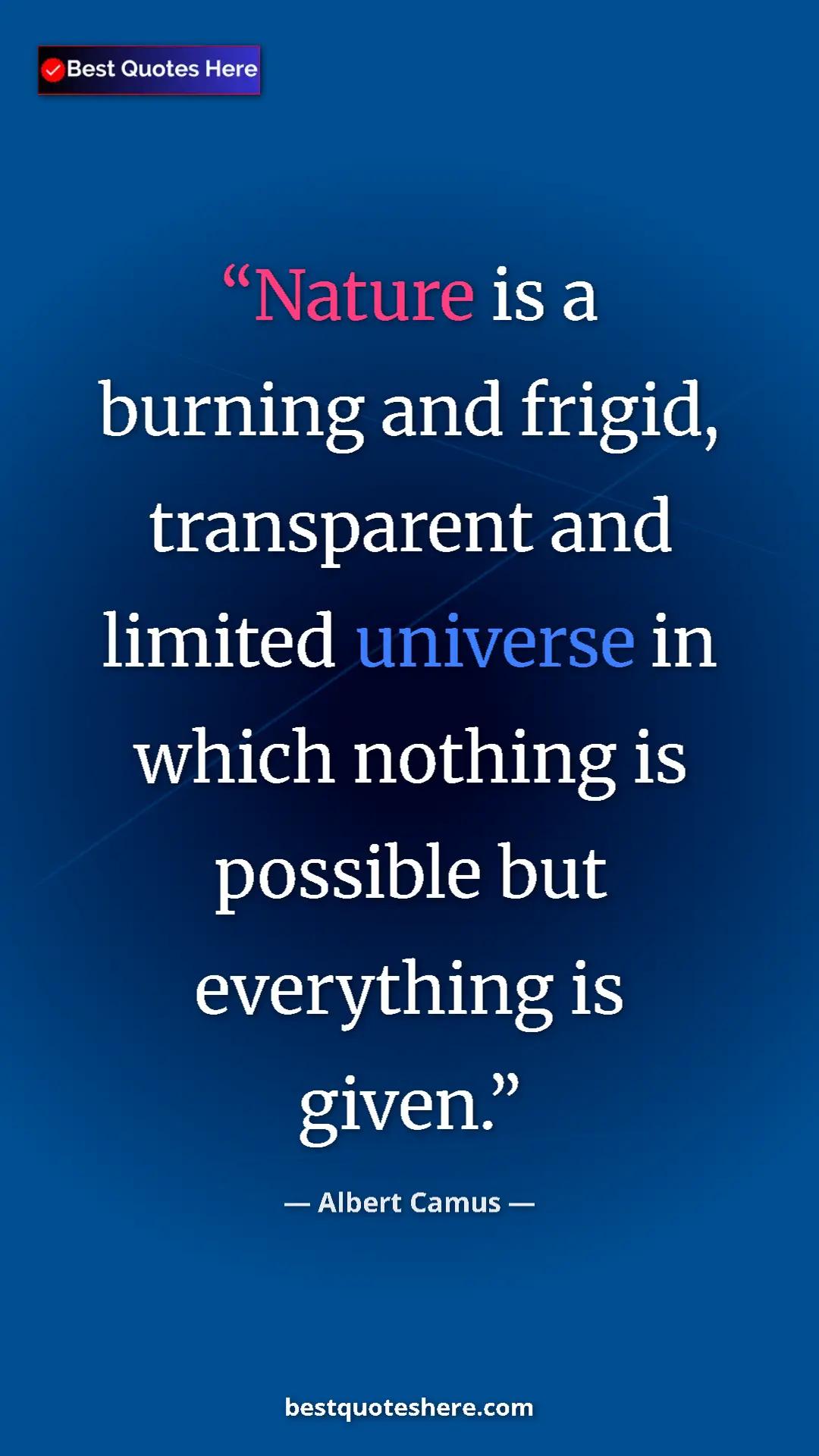 Pinterest quote poster by Albert Camus: "Nature is a burning and frigid, transparent and limited..."