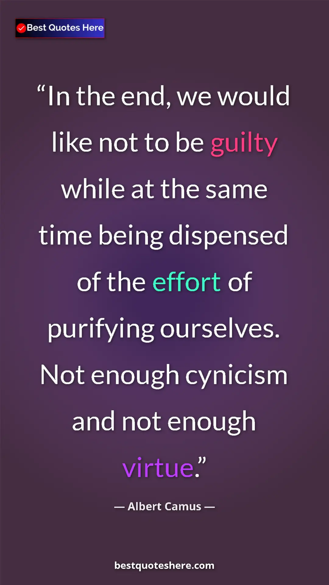Pinterest quote poster by Albert Camus: "In the end, we would like not to be guilty while at the..."