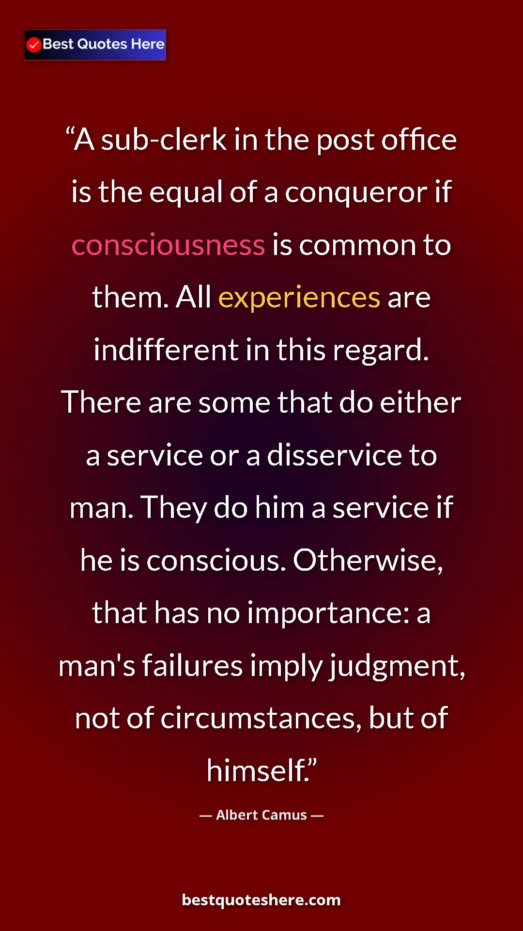Albert Camus Quote Card: "A sub-clerk in the post office is the equal of a conqueror..." Pinterest quote poster by Albert Camus: "A sub-clerk in the post office is the equal of a conqueror..."