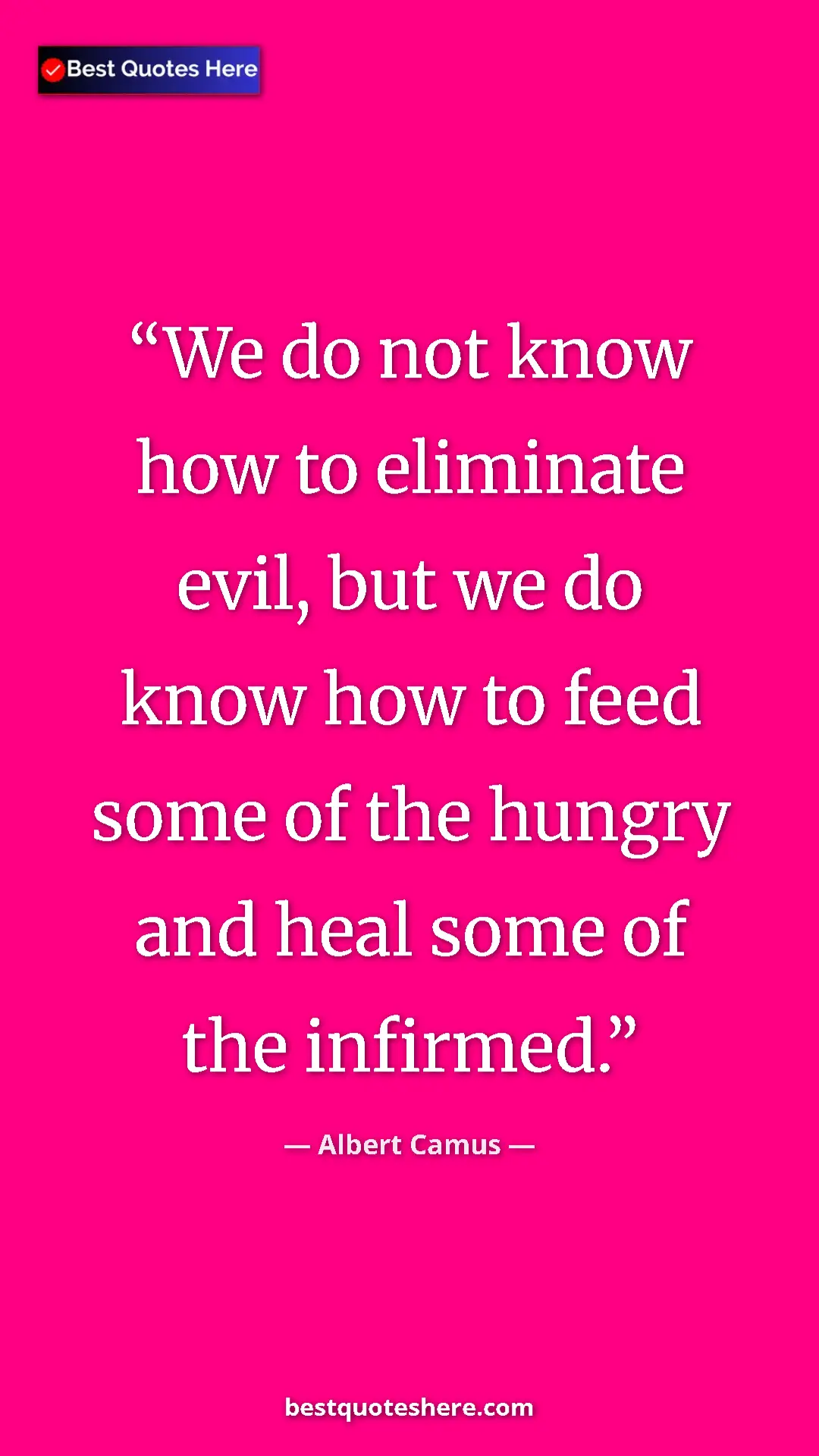 Pinterest quote poster by Albert Camus: "We do not know how to eliminate evil, but we do know how to..."