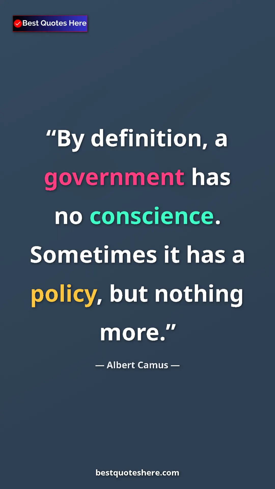 Pinterest quote poster by Albert Camus: "By definition, a government has no conscience. Sometimes it..."