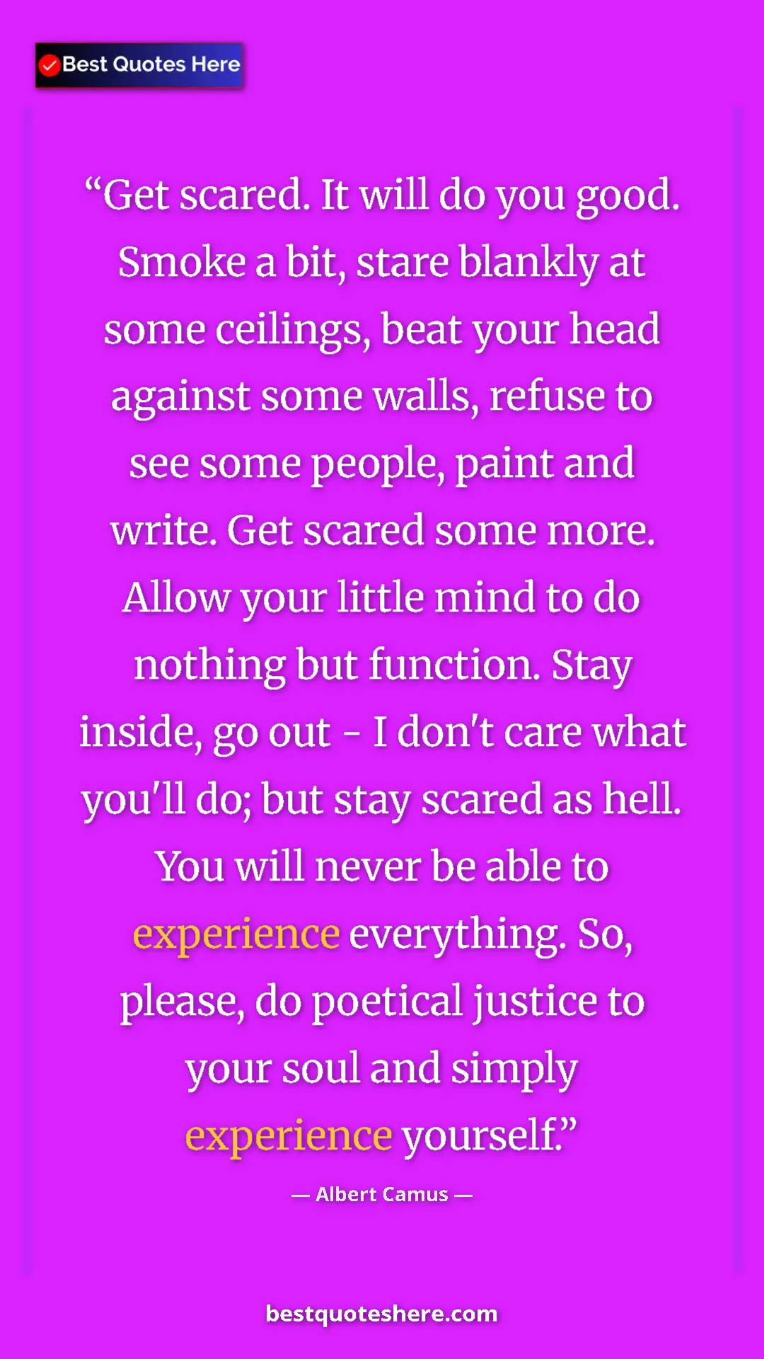 Pinterest quote poster by Albert Camus: "Get scared. It will do you good. Smoke a bit, stare blankly..."