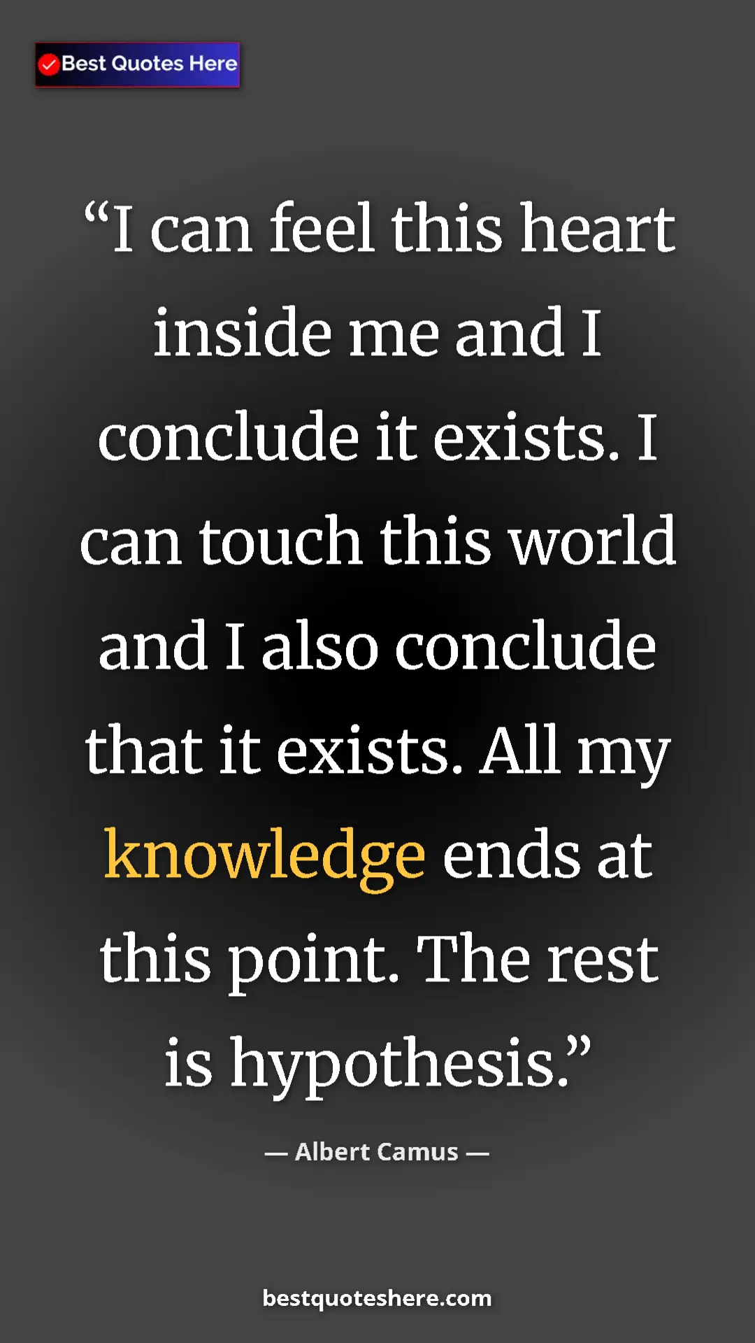 Pinterest quote poster by Albert Camus: "I can feel this heart inside me and I conclude it exists. I..."