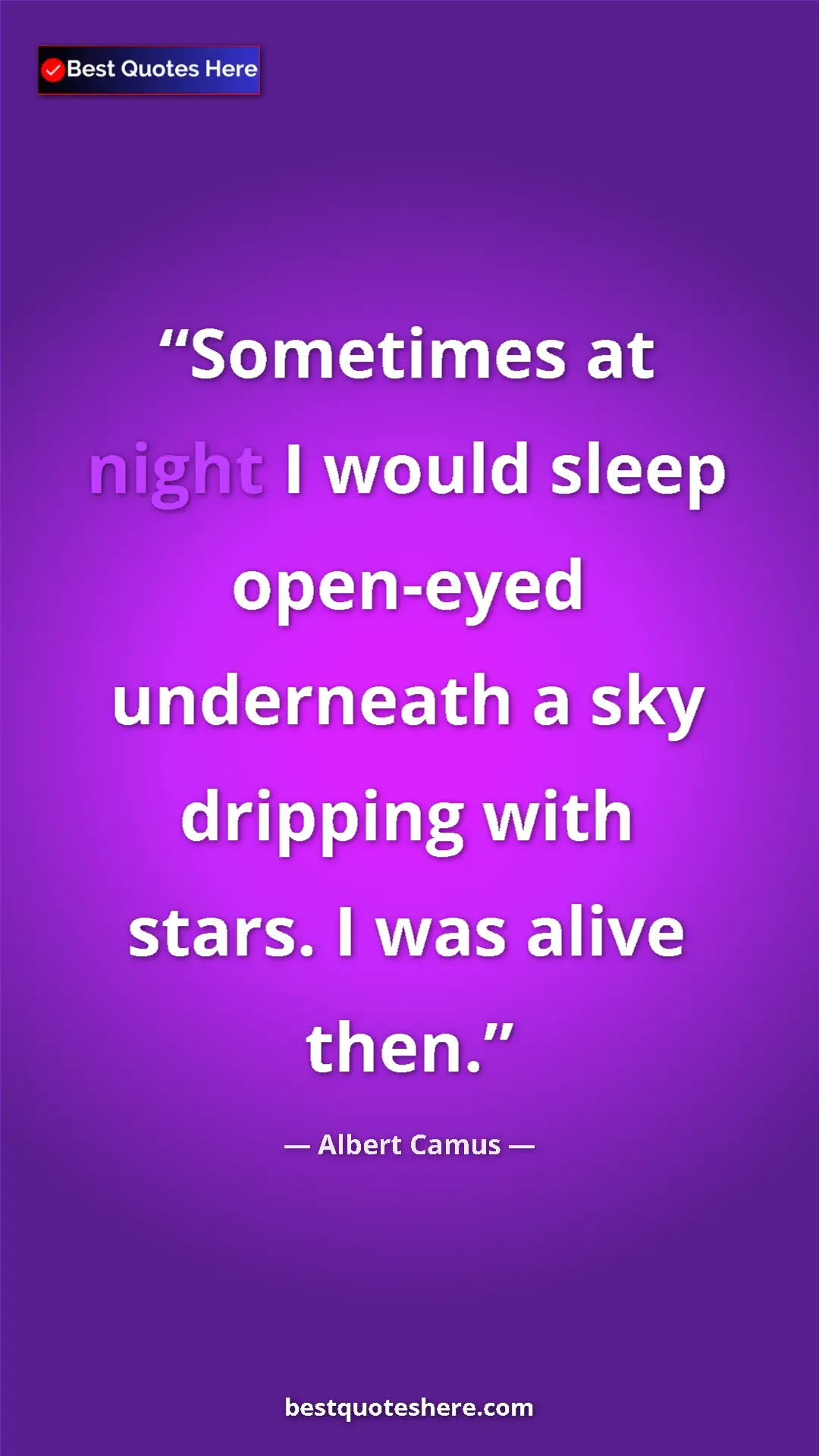 Pinterest quote poster by Albert Camus: "Sometimes at night I would sleep open-eyed underneath a sky..."