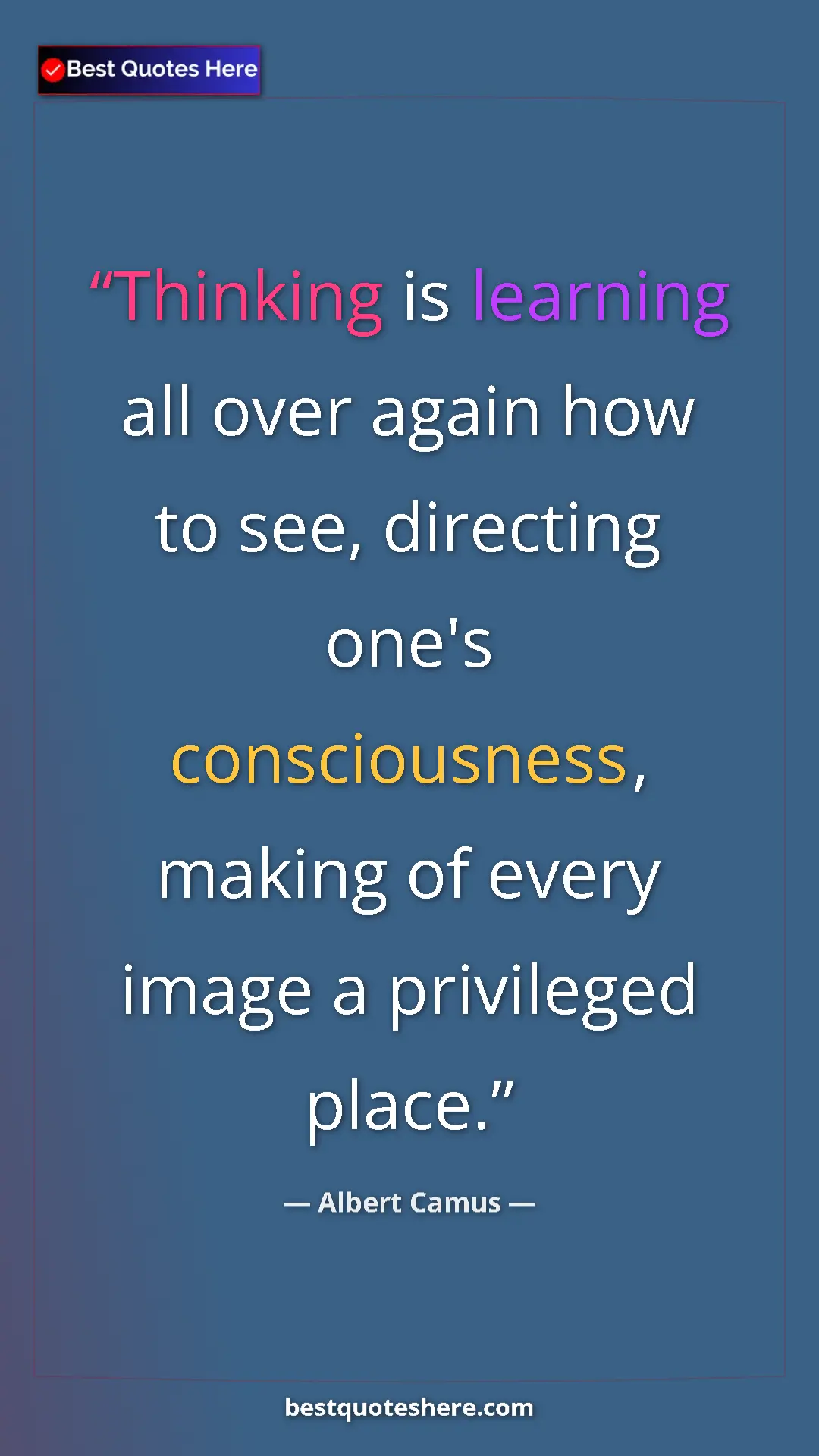 Pinterest quote poster by Albert Camus: "Thinking is learning all over again how to see, directing..."
