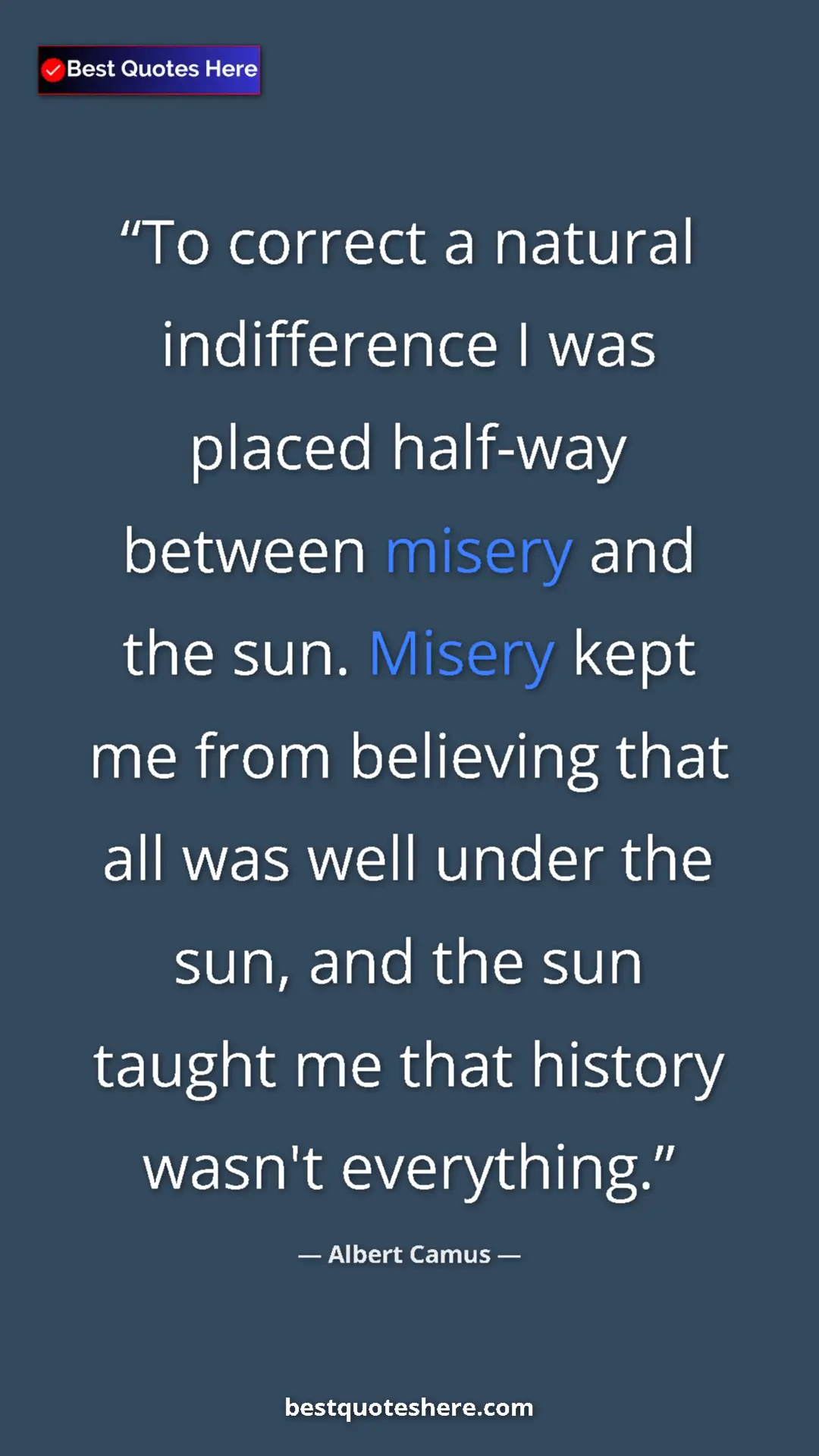 Pinterest quote poster by Albert Camus: "To correct a natural indifference I was placed half-way..."
