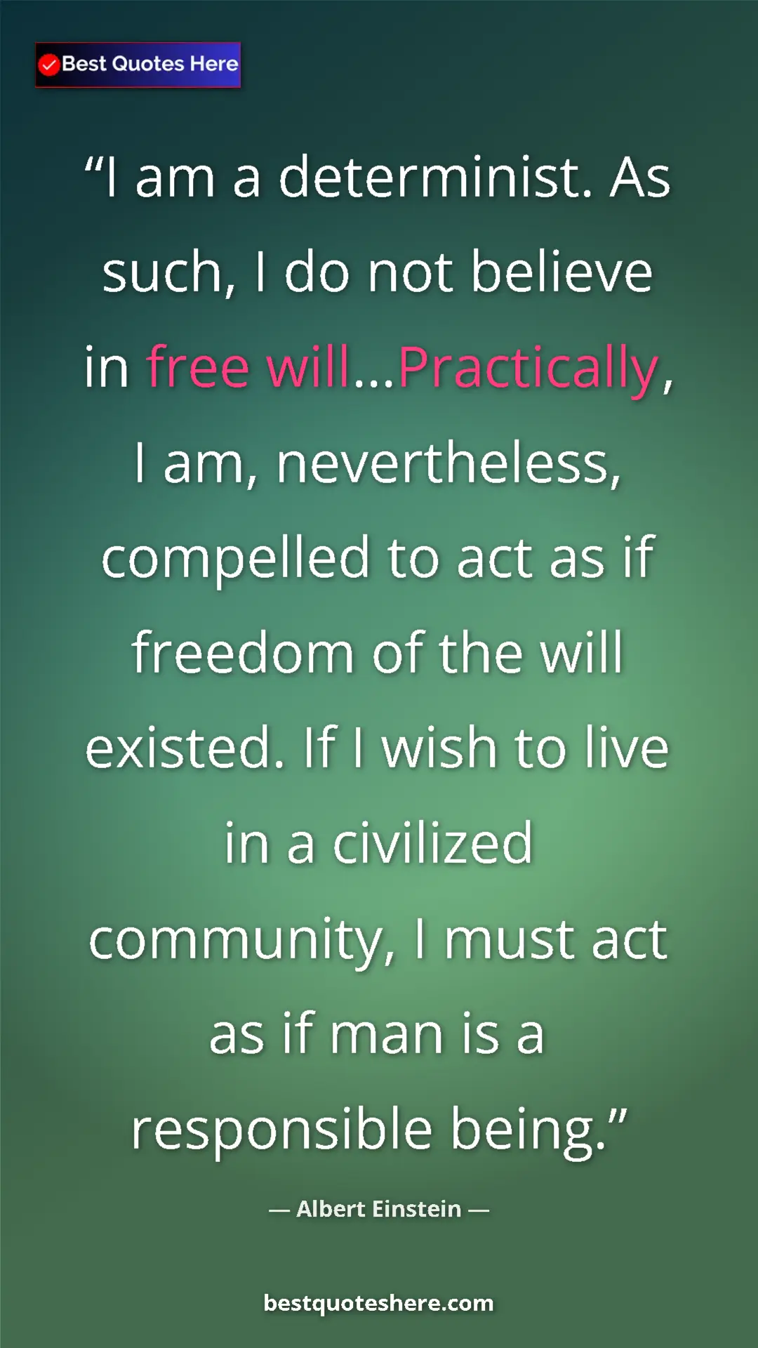 Albert Einstein Quote Card: "I am a determinist. As such, I do not believe in free..." Pinterest quote poster by Albert Einstein: "I am a determinist. As such, I do not believe in free..."