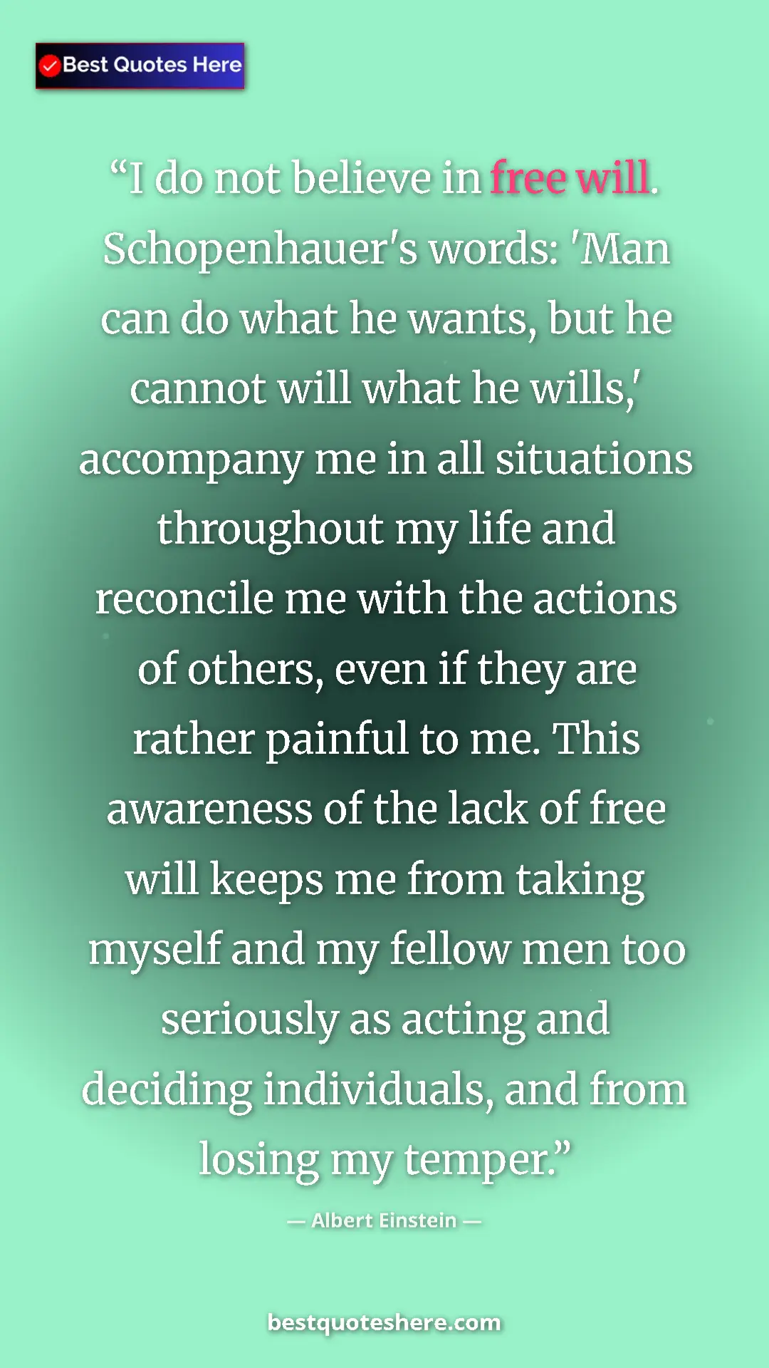 Albert Einstein Quote Card: "I do not believe in free will. Schopenhauer's words: 'Man..." Pinterest quote poster by Albert Einstein: "I do not believe in free will. Schopenhauer's words: 'Man..."