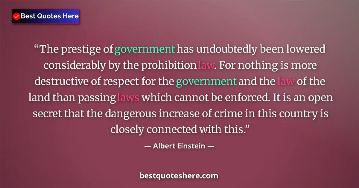 Quote by Albert Einstein: The prestige of government has undoubtedly been lowered considerably by the prohibition law. For not...