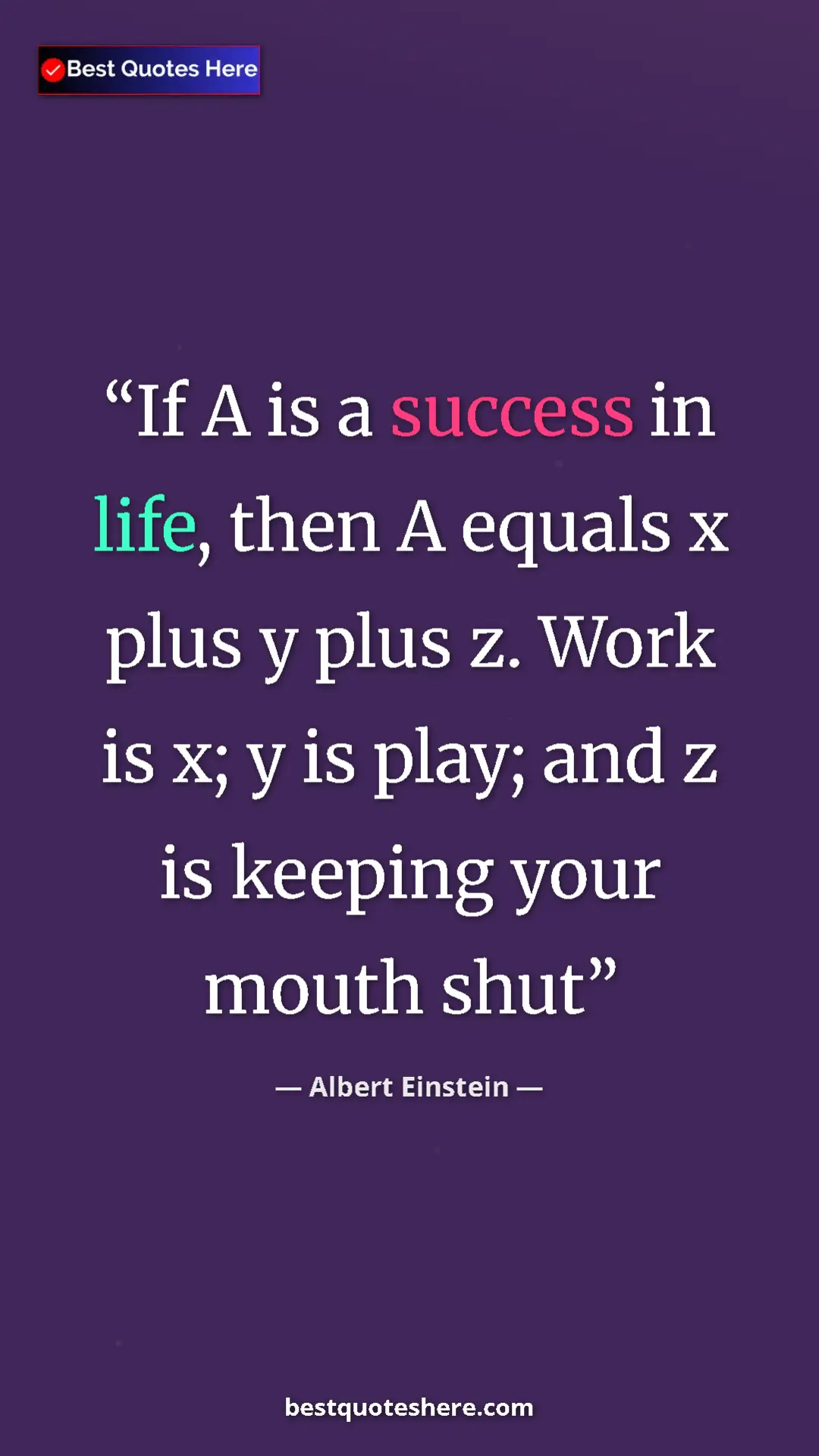 Pinterest quote poster by Albert Einstein: "If A is a success in life, then A equals x plus y plus z...."