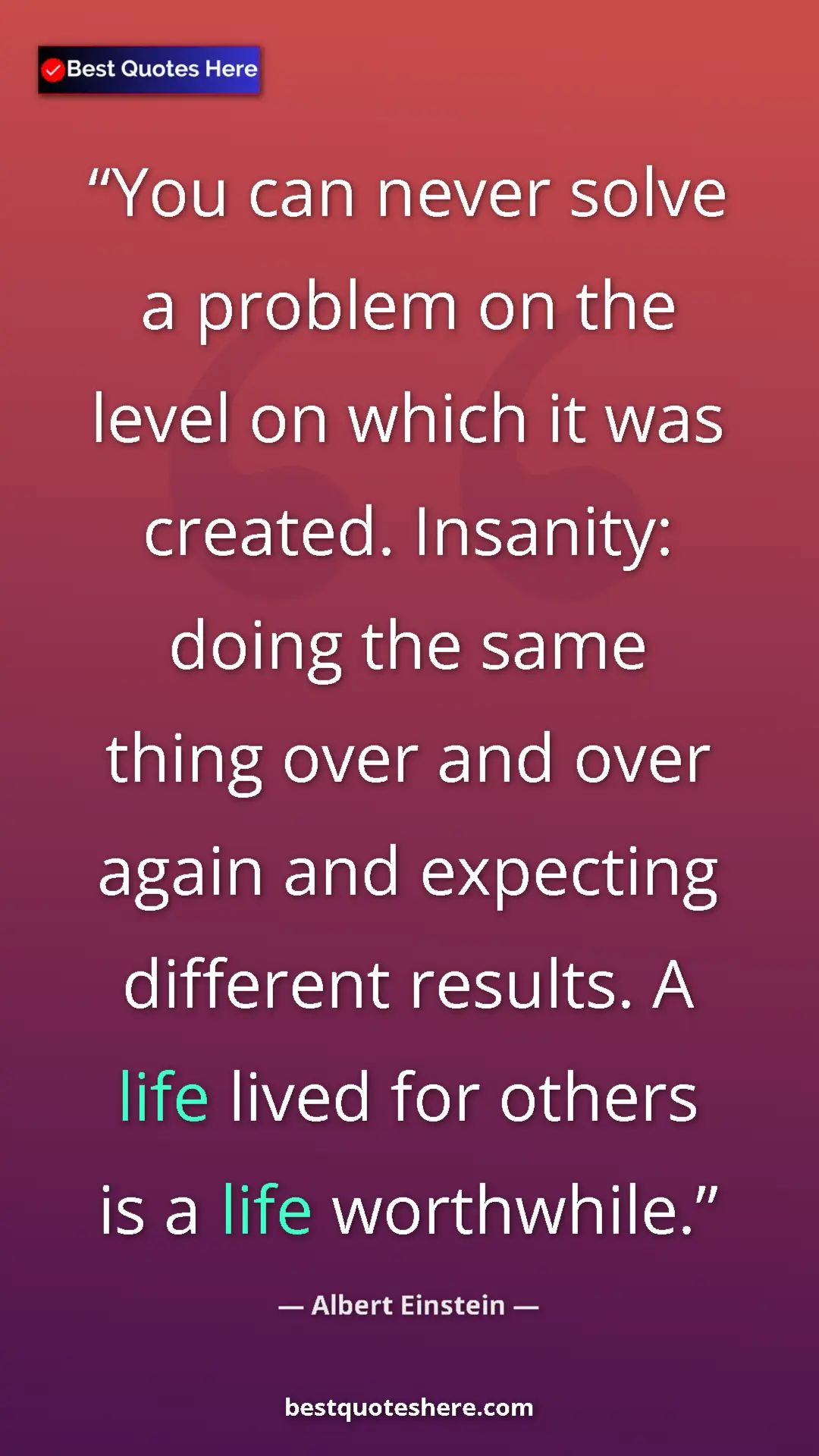 Pinterest quote poster by Albert Einstein: "You can never solve a problem on the level on which it was..."