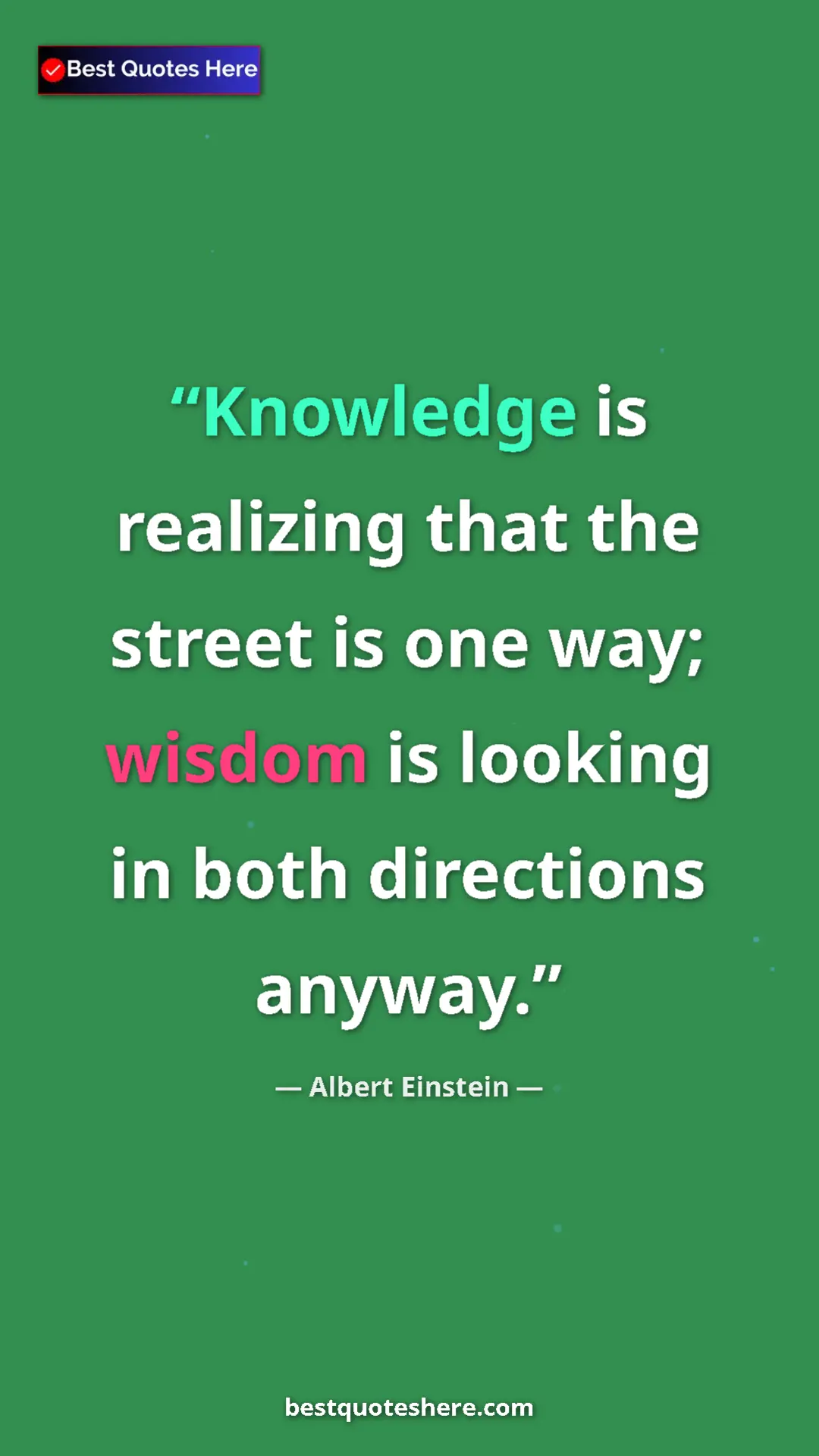 Pinterest quote poster by Albert Einstein: "Knowledge is realizing that the street is one way; wisdom..."