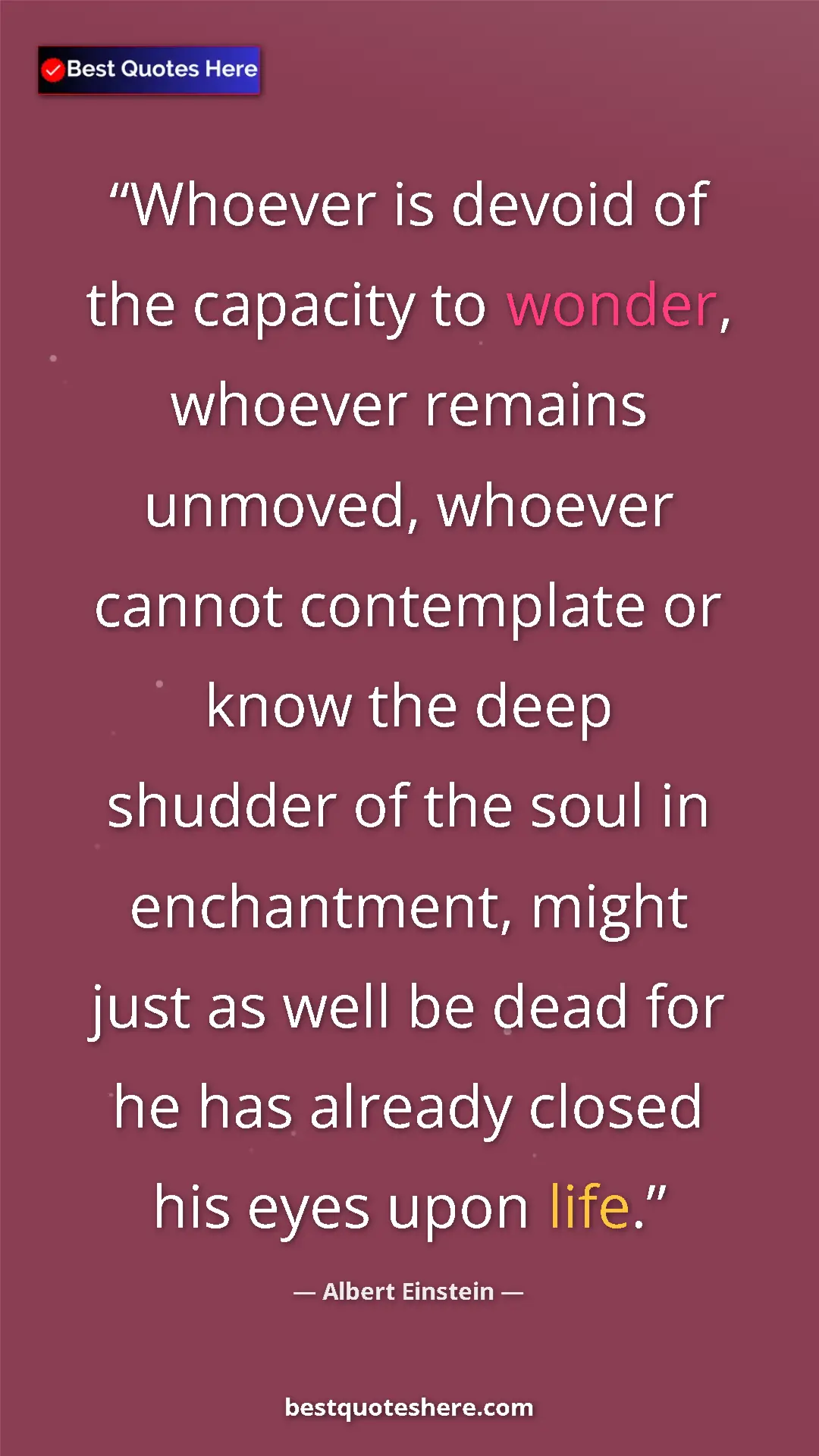 Pinterest quote poster by Albert Einstein: "Whoever is devoid of the capacity to wonder, whoever..."