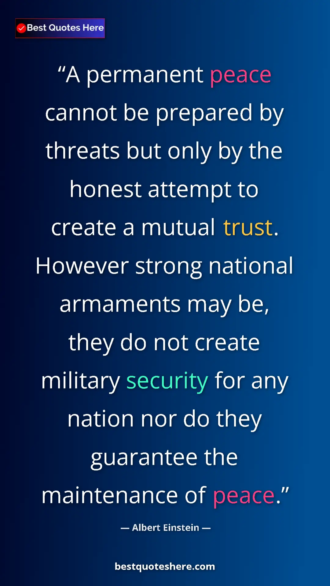 Albert Einstein Quote Card: "A permanent peace cannot be prepared by threats but only by..." Pinterest quote poster by Albert Einstein: "A permanent peace cannot be prepared by threats but only by..."