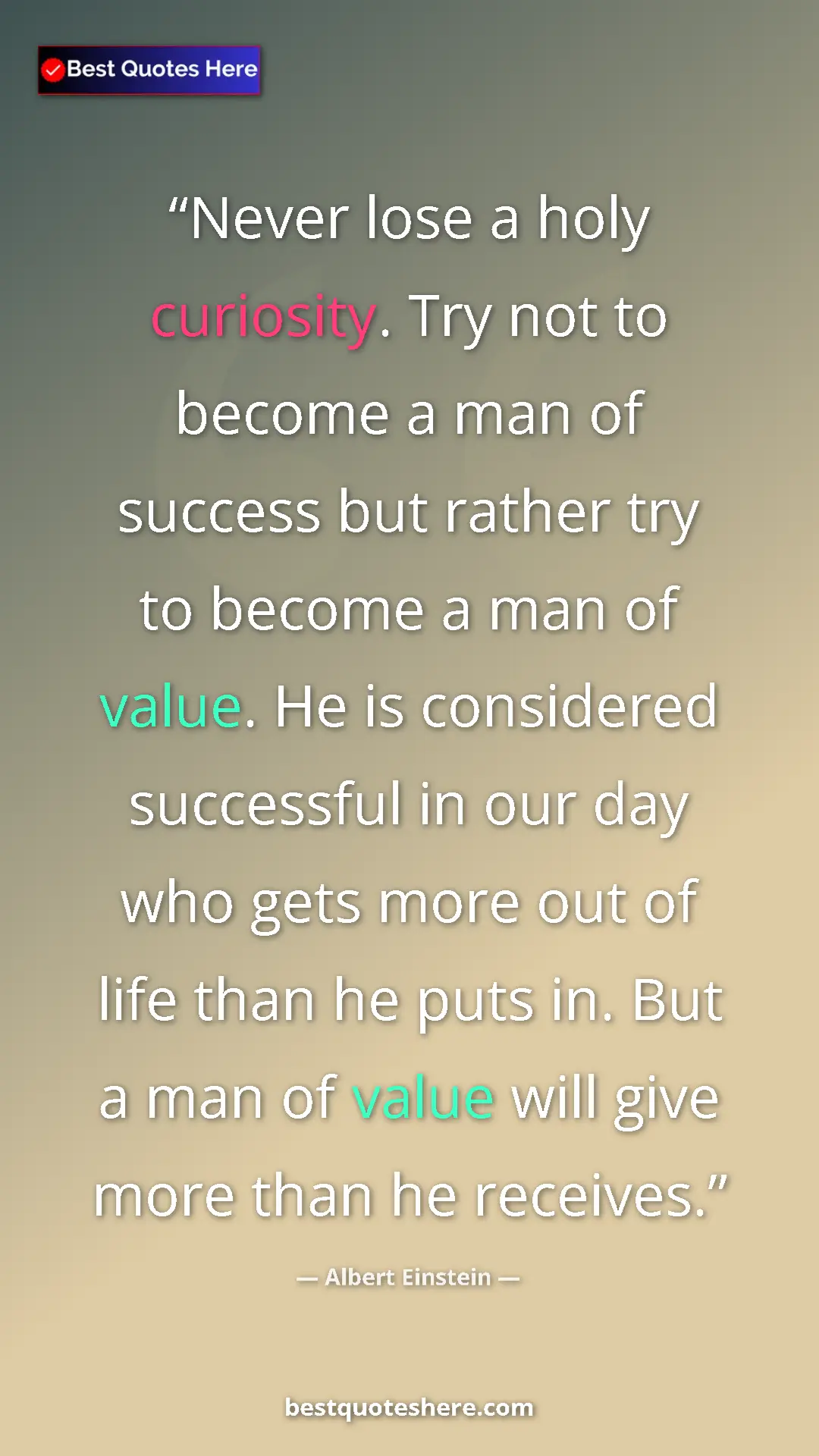 Pinterest quote poster by Albert Einstein: "Never lose a holy curiosity. Try not to become a man of..."
