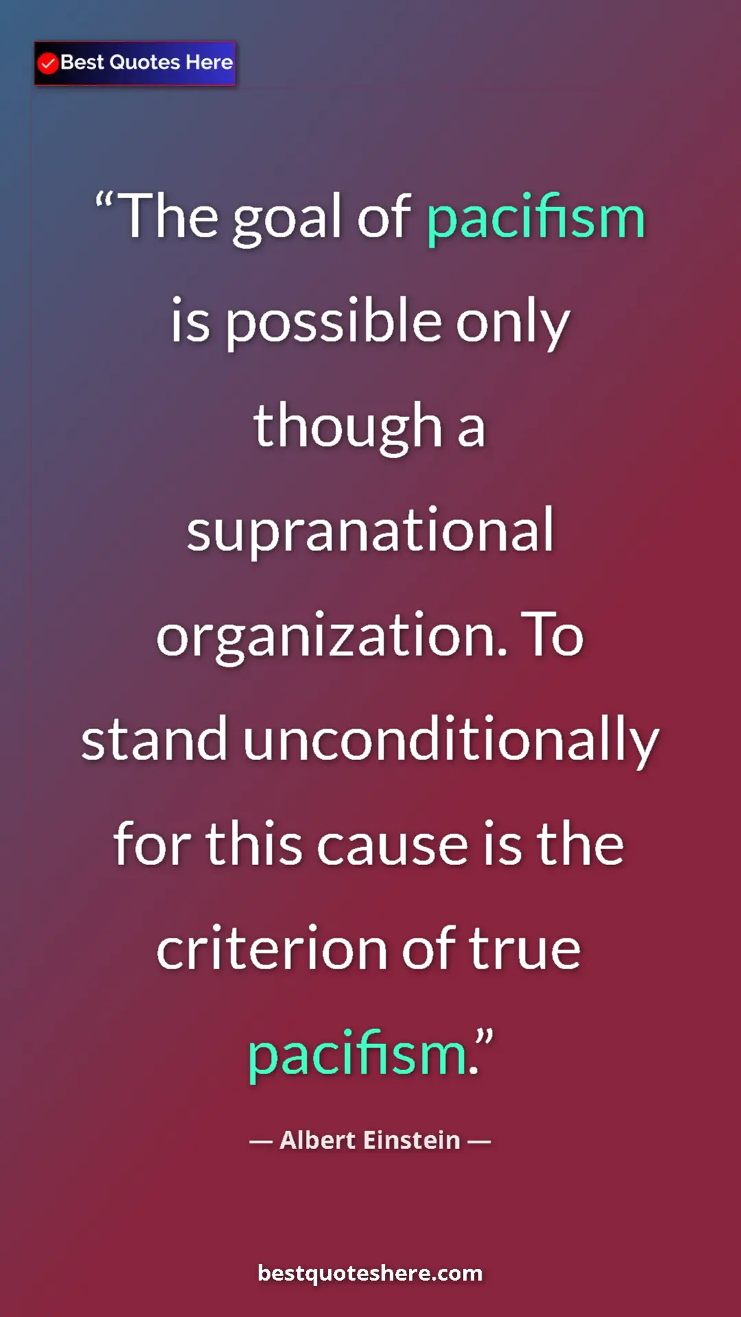 Albert Einstein Quote Card: "The goal of pacifism is possible only though a..." Pinterest quote poster by Albert Einstein: "The goal of pacifism is possible only though a..."