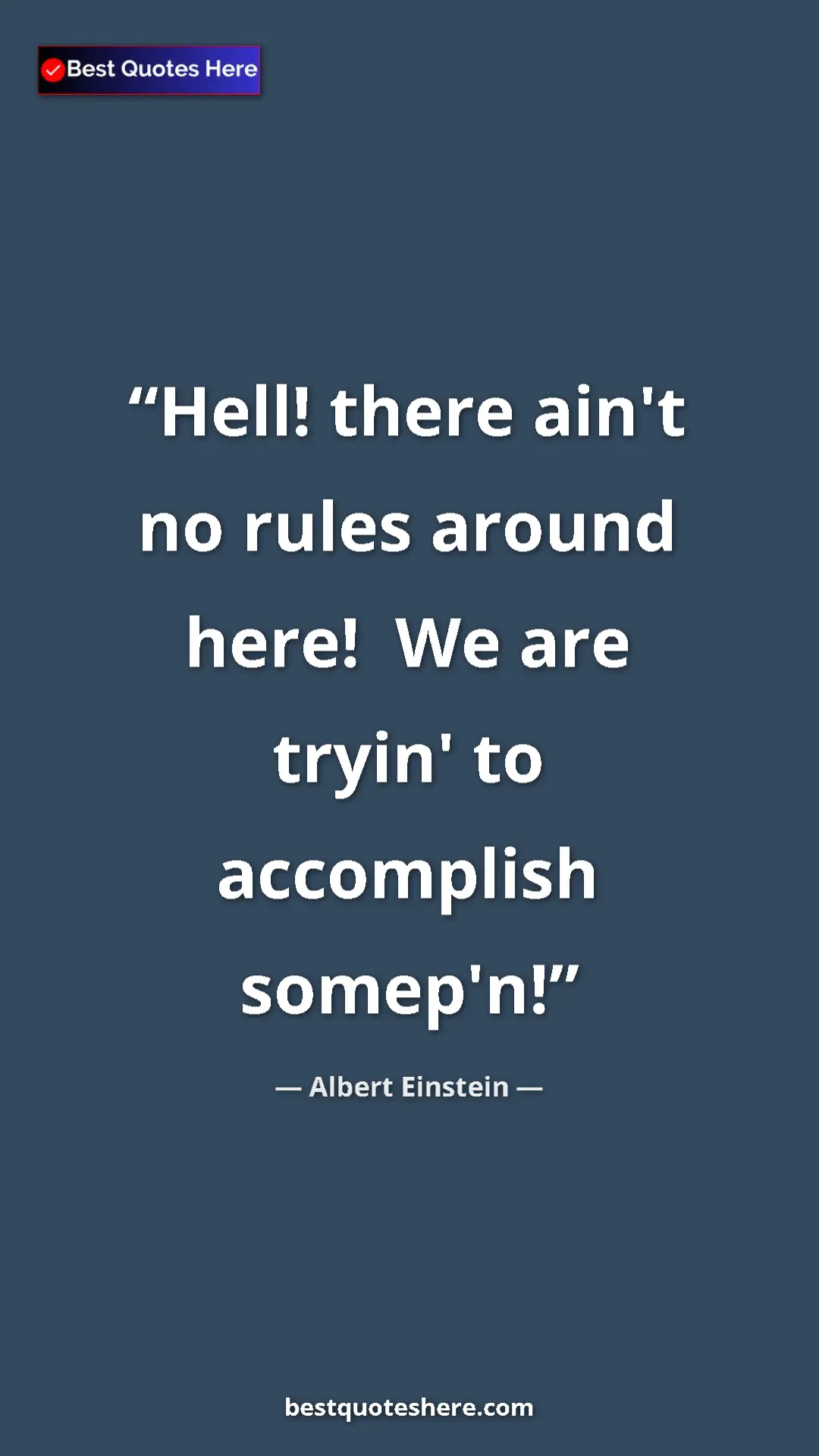 Pinterest quote poster by Albert Einstein: "Hell! there ain't no rules around here!  We are tryin' to..."