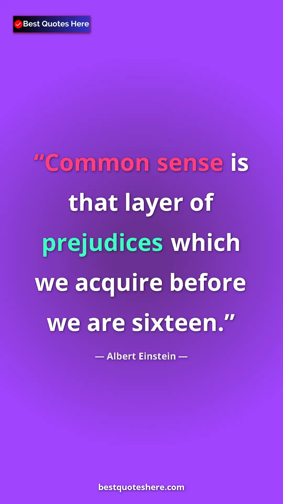 Pinterest quote poster by Albert Einstein: "Common sense is that layer of prejudices which we acquire..."