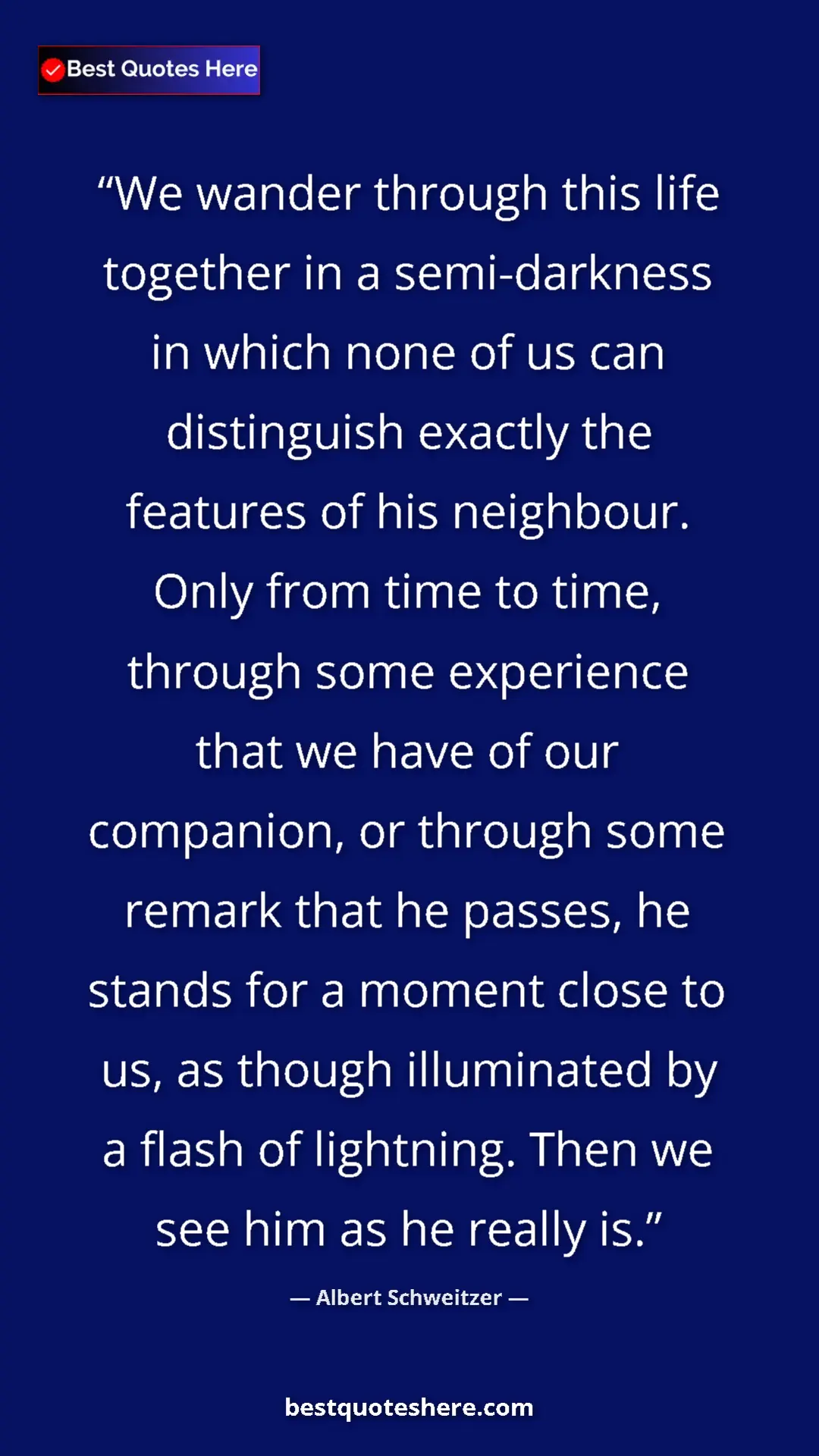 Albert Schweitzer Quote Card: "We wander through this life together in a semi-darkness in..." Pinterest quote poster by Albert Schweitzer: "We wander through this life together in a semi-darkness in..."