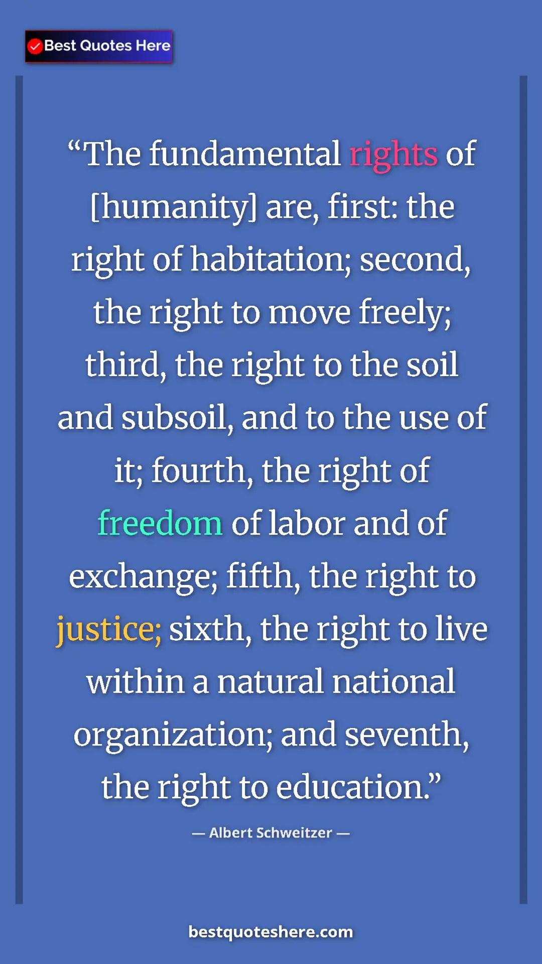 Pinterest quote poster by Albert Schweitzer: "The fundamental rights of [humanity] are, first: the right..."