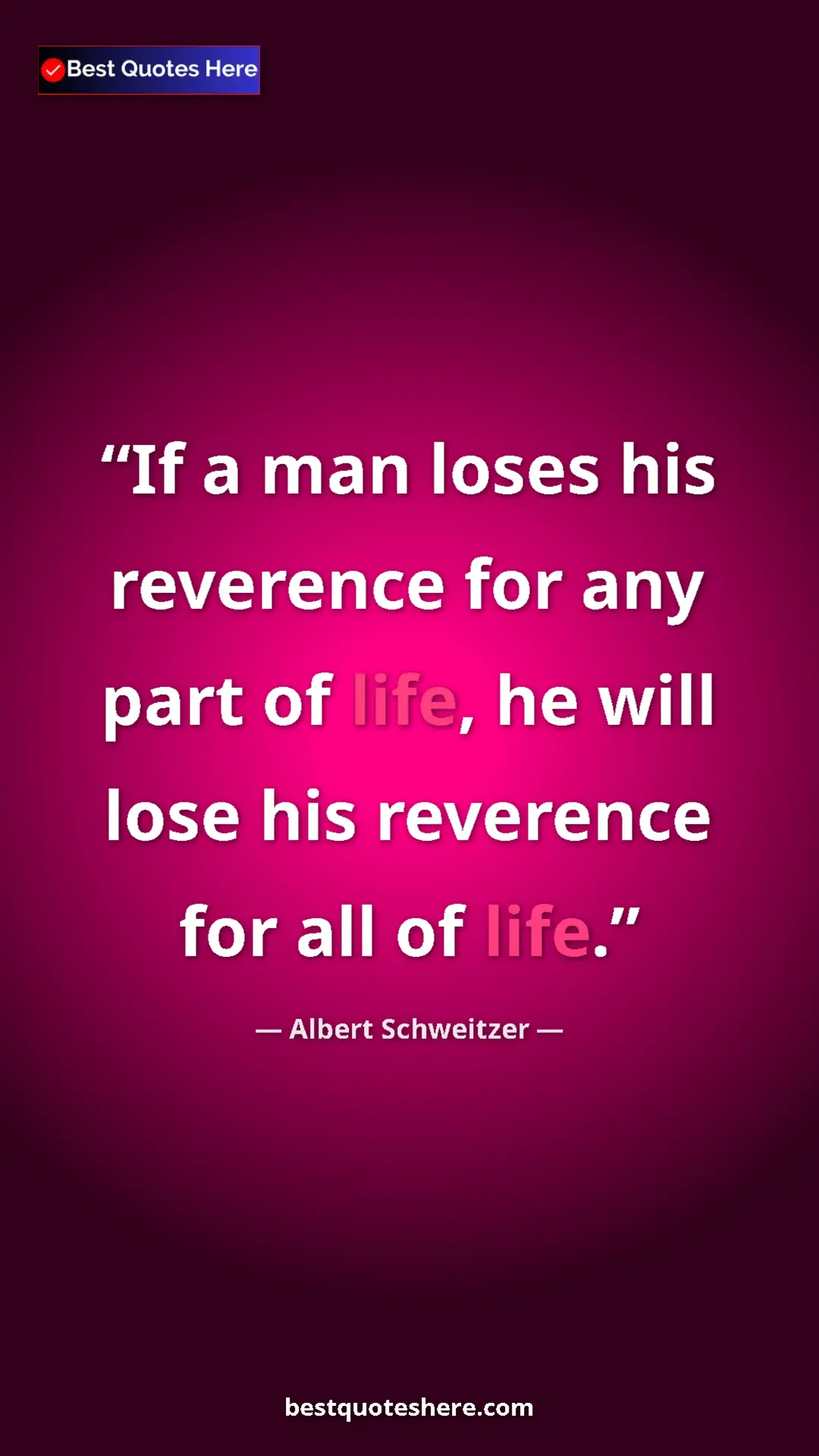 Albert Schweitzer Quote Card: "If a man loses his reverence for any part of life, he will..." Pinterest quote poster by Albert Schweitzer: "If a man loses his reverence for any part of life, he will..."
