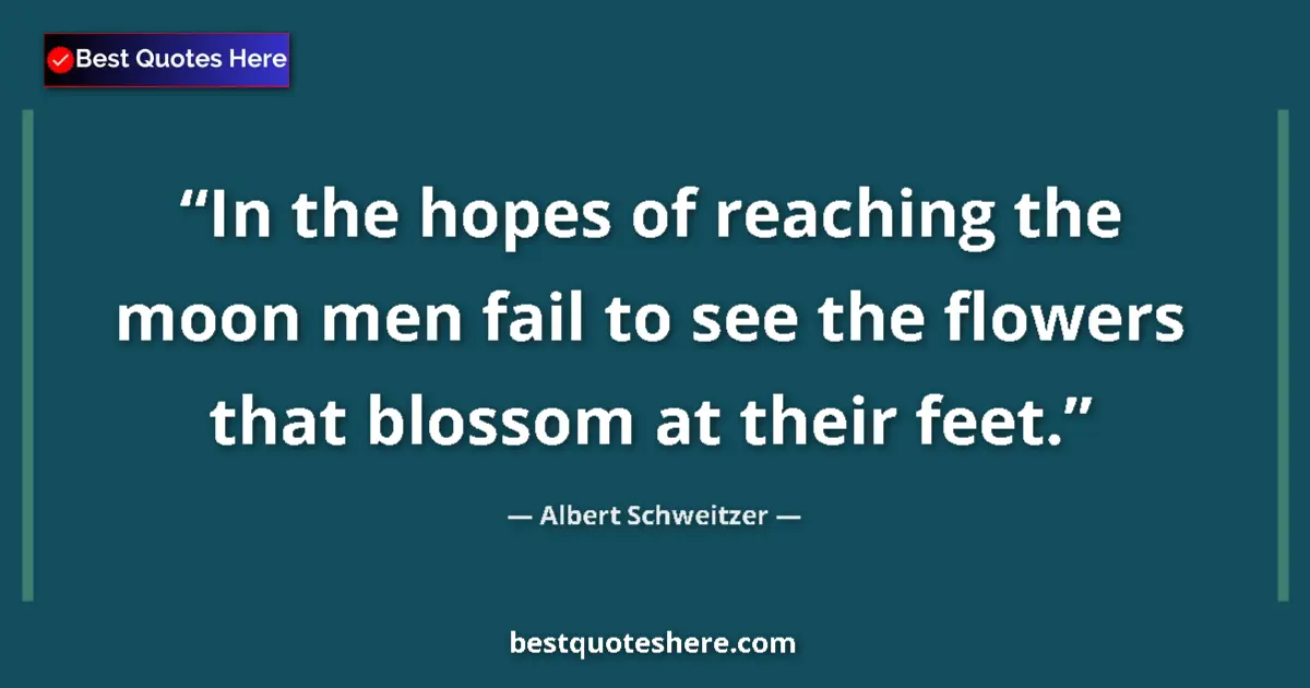 Quote by Albert Schweitzer: In the hopes of reaching the moon men fail to see the flowers that blossom at their feet....
