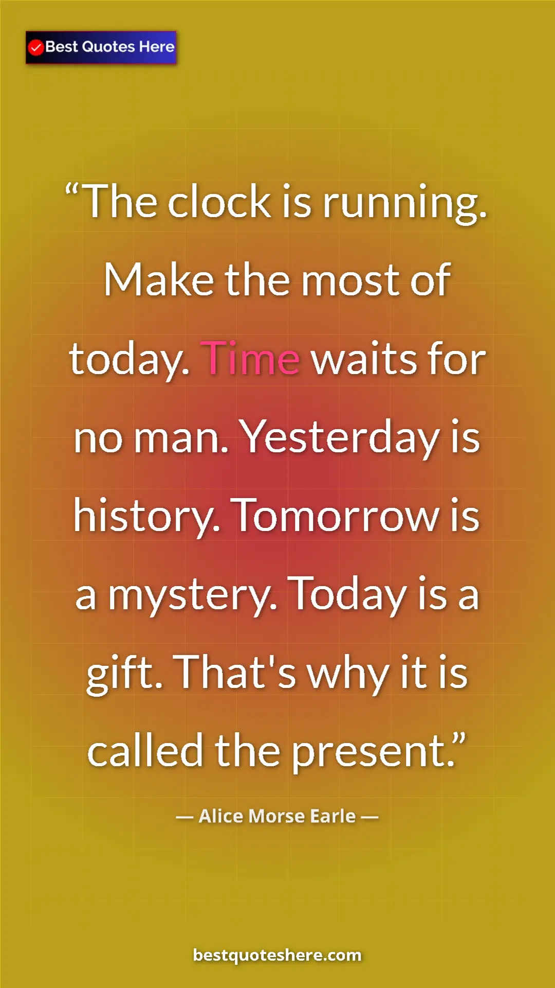 Pinterest quote poster by Alice Morse Earle: "The clock is running. Make the most of today. Time waits..."